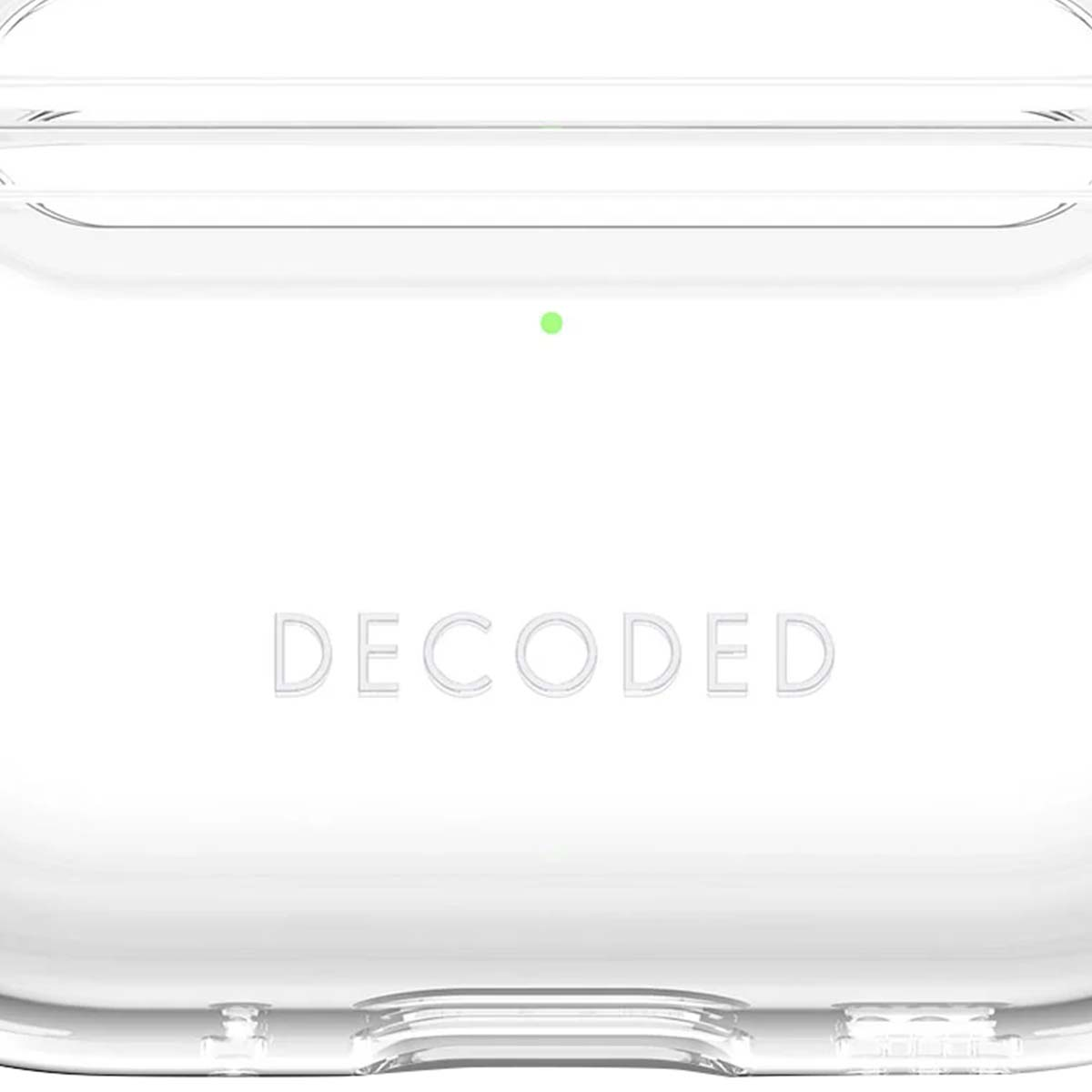A clear, transparent case with the word "DECODED" in the center. A small green dot is visible.
