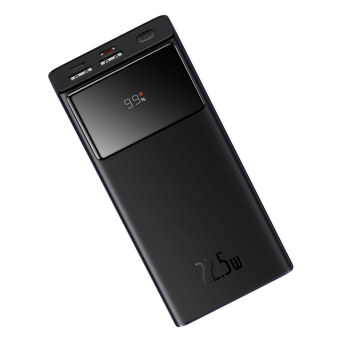 Eine schwarze Powerbank mit Digitalanzeige, die 99 % anzeigt. Sie hat einen Einschaltknopf, Anschlüsse und eine 22,5-W-Markierung.