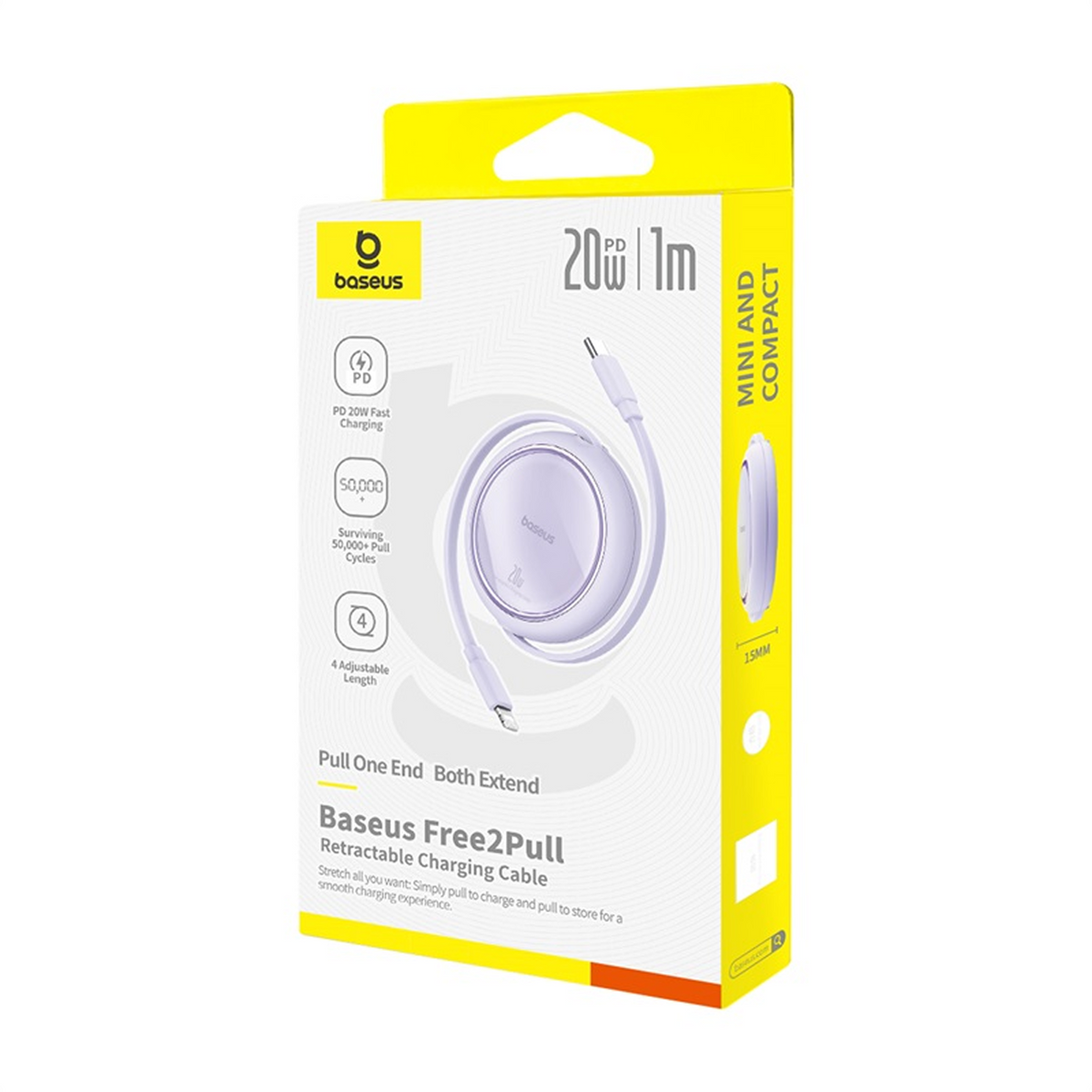Pudełko z chowanym kablem ładującym Baseus Free2Pull. Jest żółte i białe, z kablem zwiniętym w środku. Tekst: 20W, 1m i Mini i Kompakt.