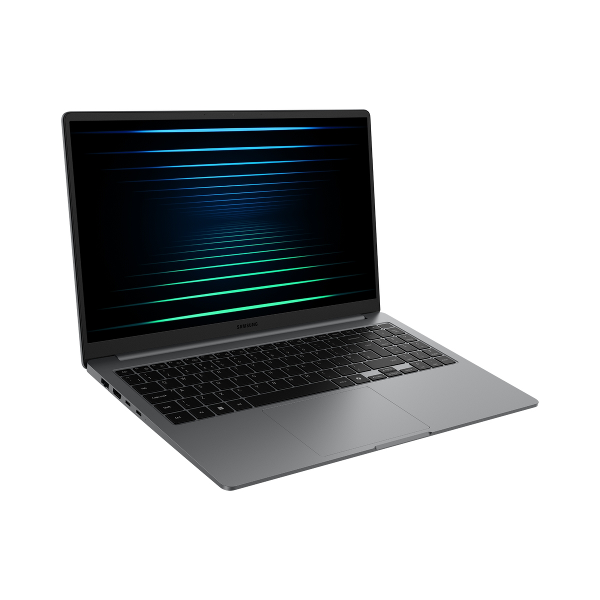 Szary laptop Samsung jest otwarty. Ekran wyświetla niebieskie i zielone linie. Klawiatura jest czarna.