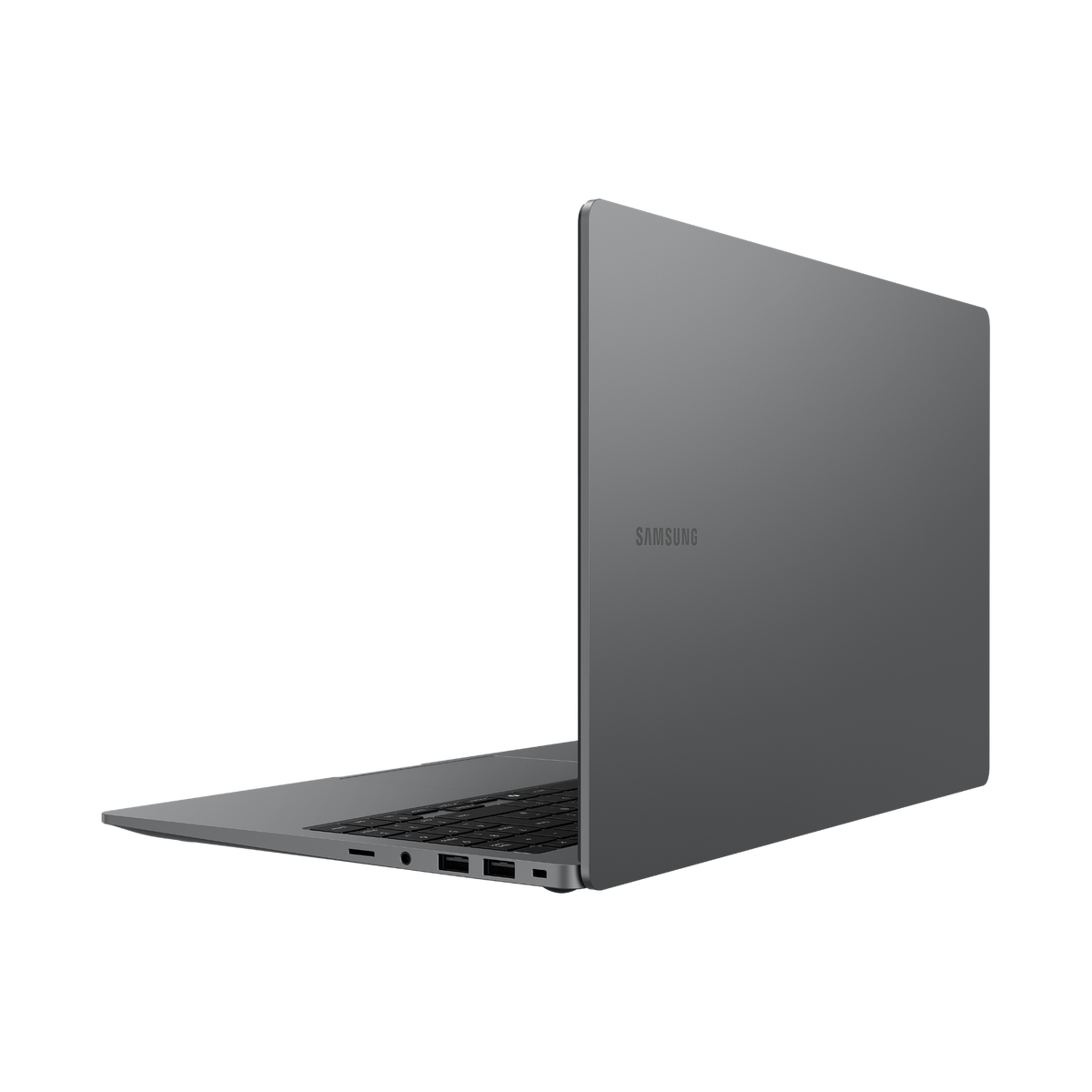 Szary laptop Samsung pokazany z boku, częściowo otwarty, na czarnym tle. Widoczne jest logo Samsung.