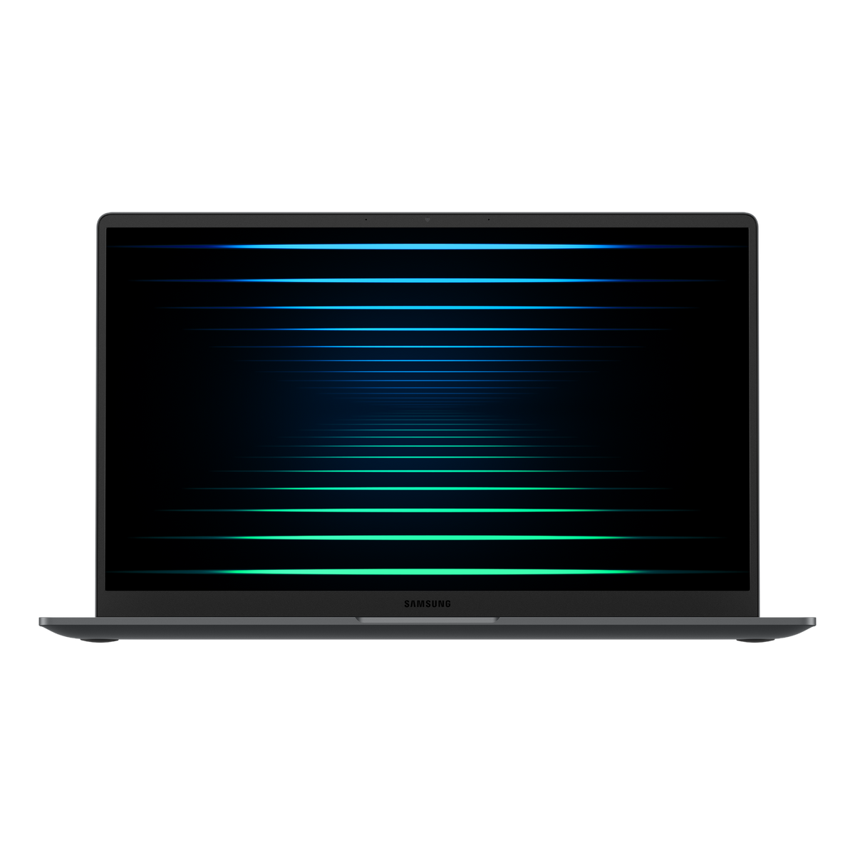 Laptop z czarnym ekranem wyświetlającym niebieskie i zielone poziome linie. Widoczne logo Samsunga.