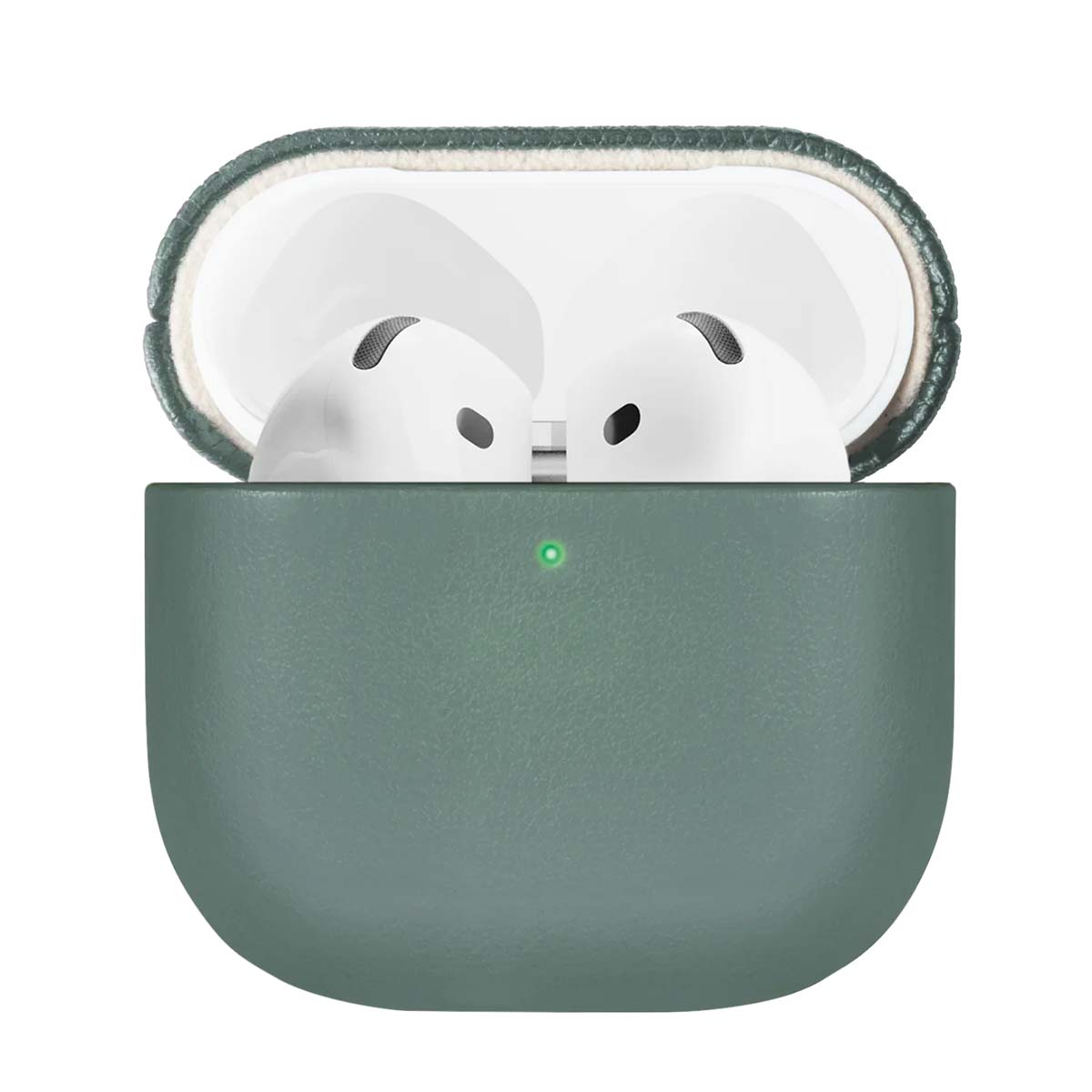 Estuche verde abierto de AirPods con auriculares blancos dentro. El estuche está abierto, mostrando los auriculares. Una luz verde está encendida.