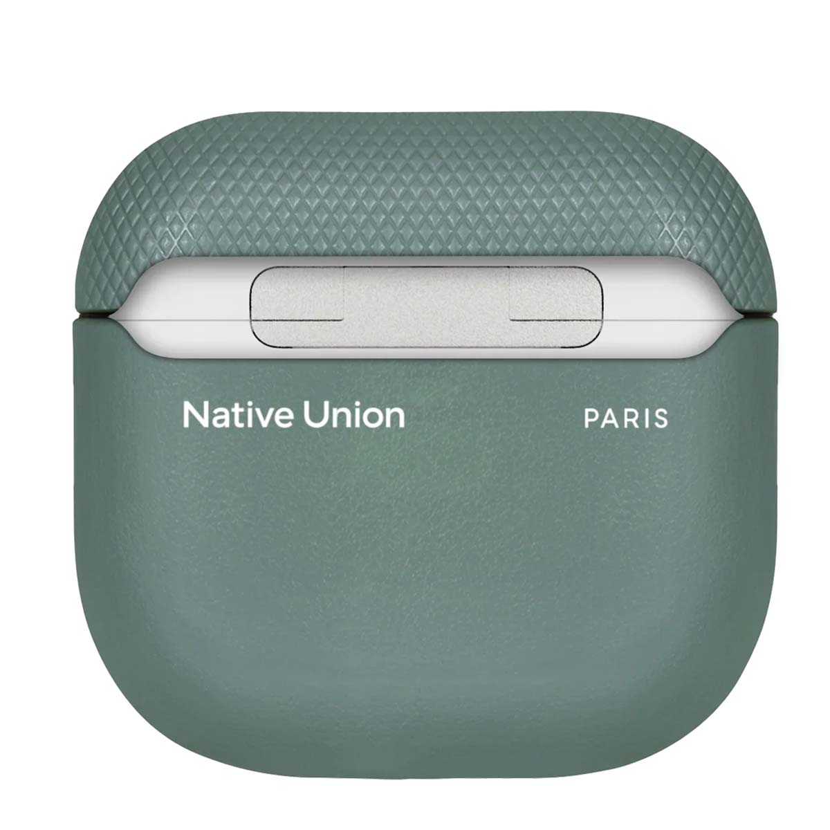 Una funda teal para AirPods con 'Native Union PARIS' impreso. La parte superior tiene un patrón texturizado, y la inferior es lisa.