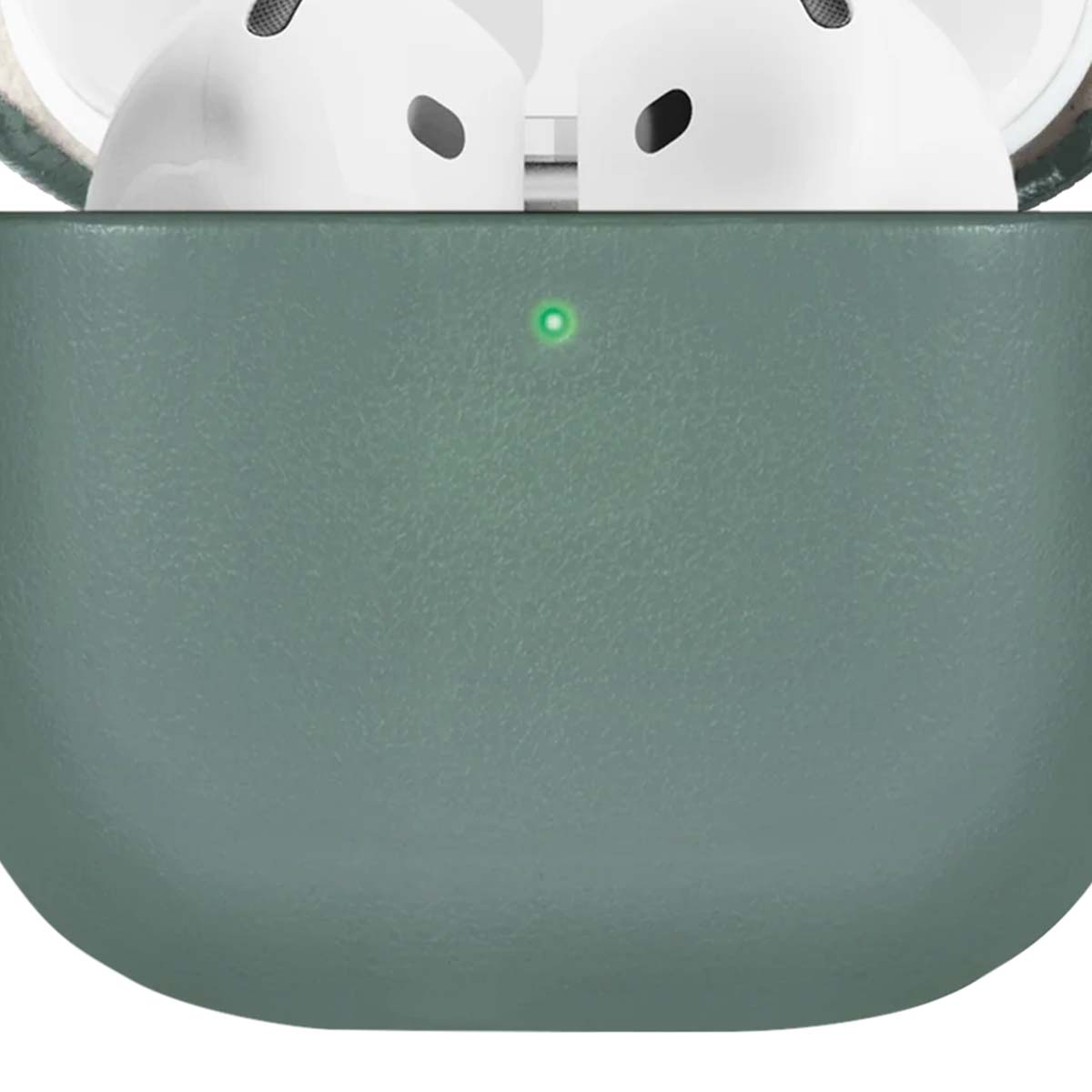 Auriculares blancos sobre un estuche verde azulado con una luz verde. El estuche tiene una superficie texturizada.