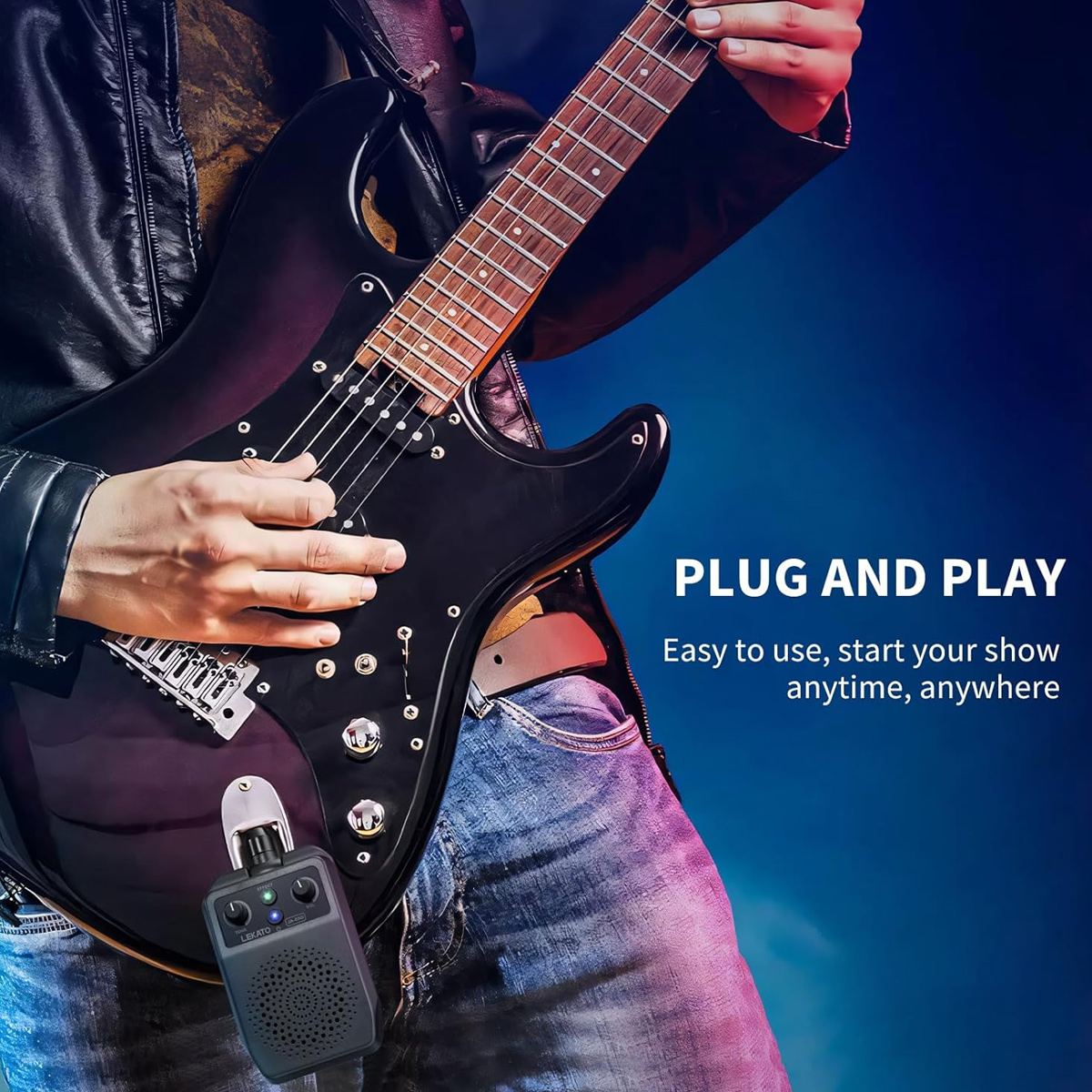 Eine Person spielt eine schwarze E-Gitarre mit einem Verstärker. Der Hintergrund ist ein Farbverlauf aus Blau und Lila.