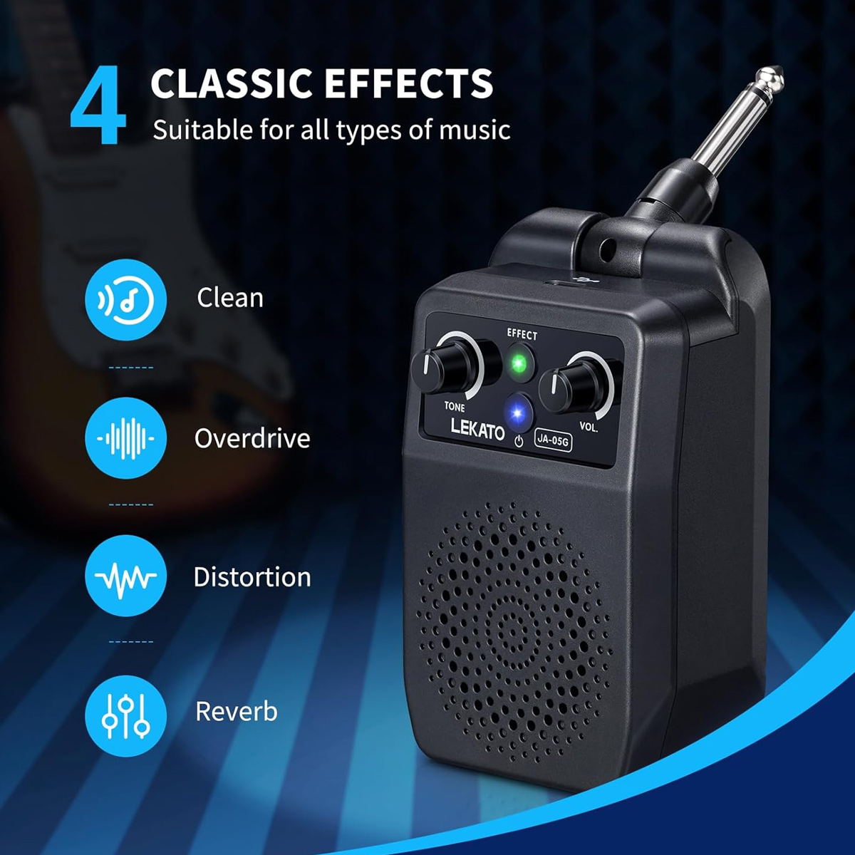 Schwarzer Lekato Gitarrenverstärker mit 4 Effekten. Enthält Regler für Klang und Lautstärke. Symbole zeigen Clean, Overdrive, Distortion und Reverb an.
