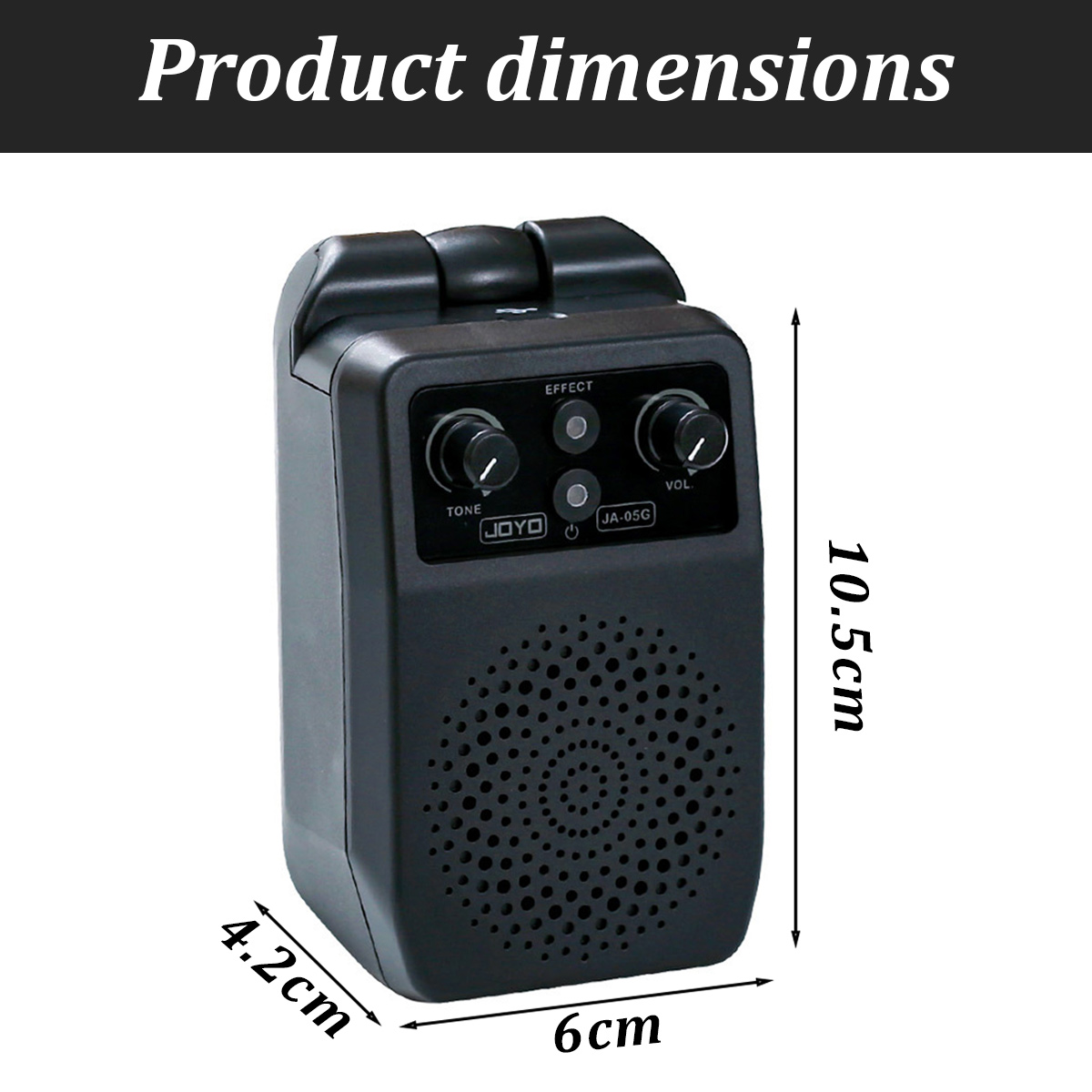 Schwarzer Audioverstärker mit den Maßen: 6cm x 4,2cm x 10,5cm. Er hat Knöpfe, einen Lautsprecher und den Text 'Produktabmessungen' oben.