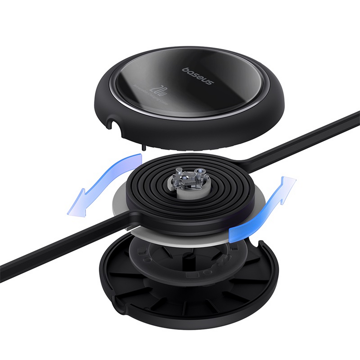 Widok rozłożony czarnej ładowarki bezprzewodowej. Komponenty to góra, cewka i podstawa. Niebieskie strzałki wskazują kierunek montażu.