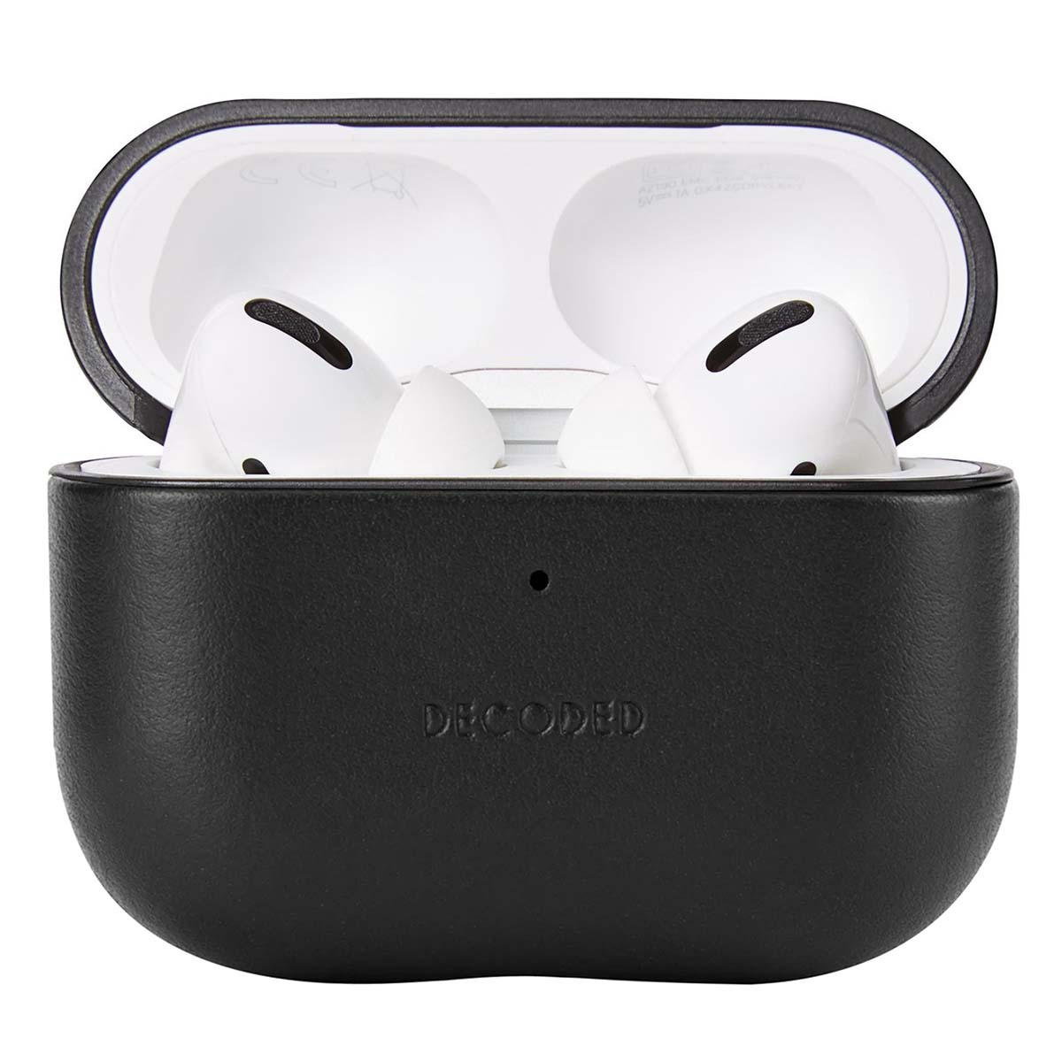 Estuche negro abierto con auriculares blancos dentro. El estuche tiene escrito 'DECODED'.