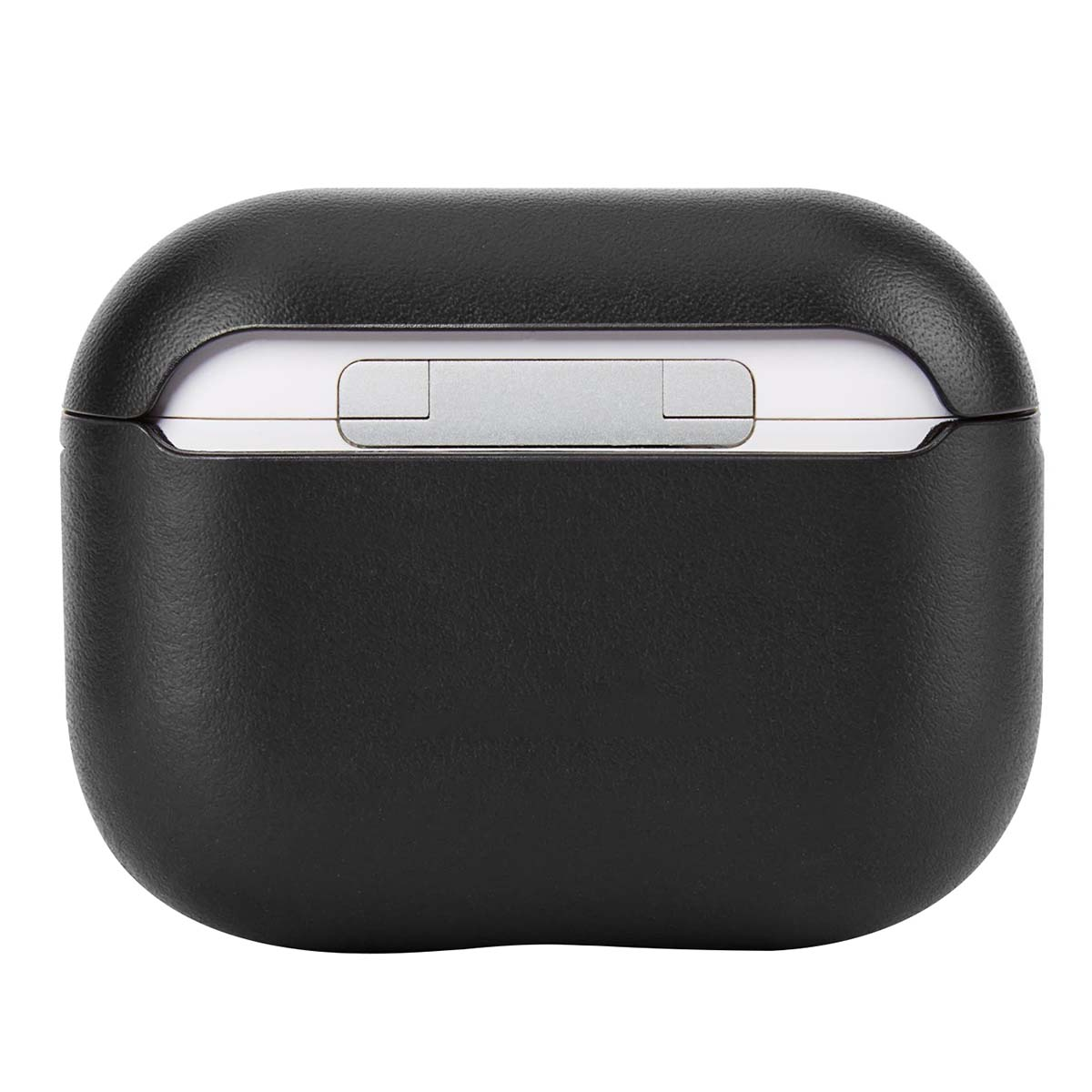 Un estuche de auriculares negro cerrado. Tiene una bisagra metálica y un interior blanco. El estuche está sobre un fondo blanco.