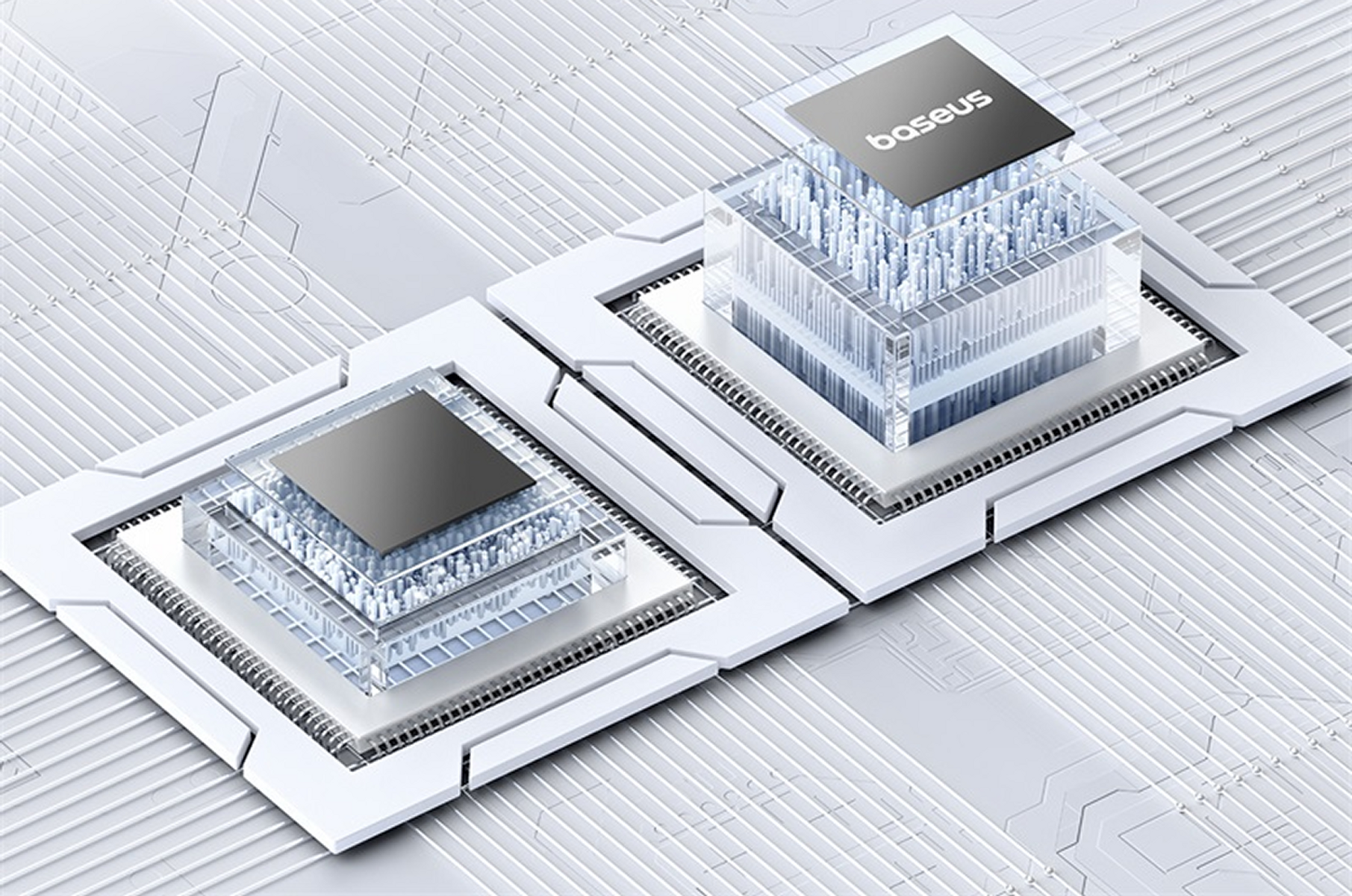 Zbliżenie na komponenty komputera. Dwie białe struktury z chipami, jedna z napisem 'baseus', na białym tle.