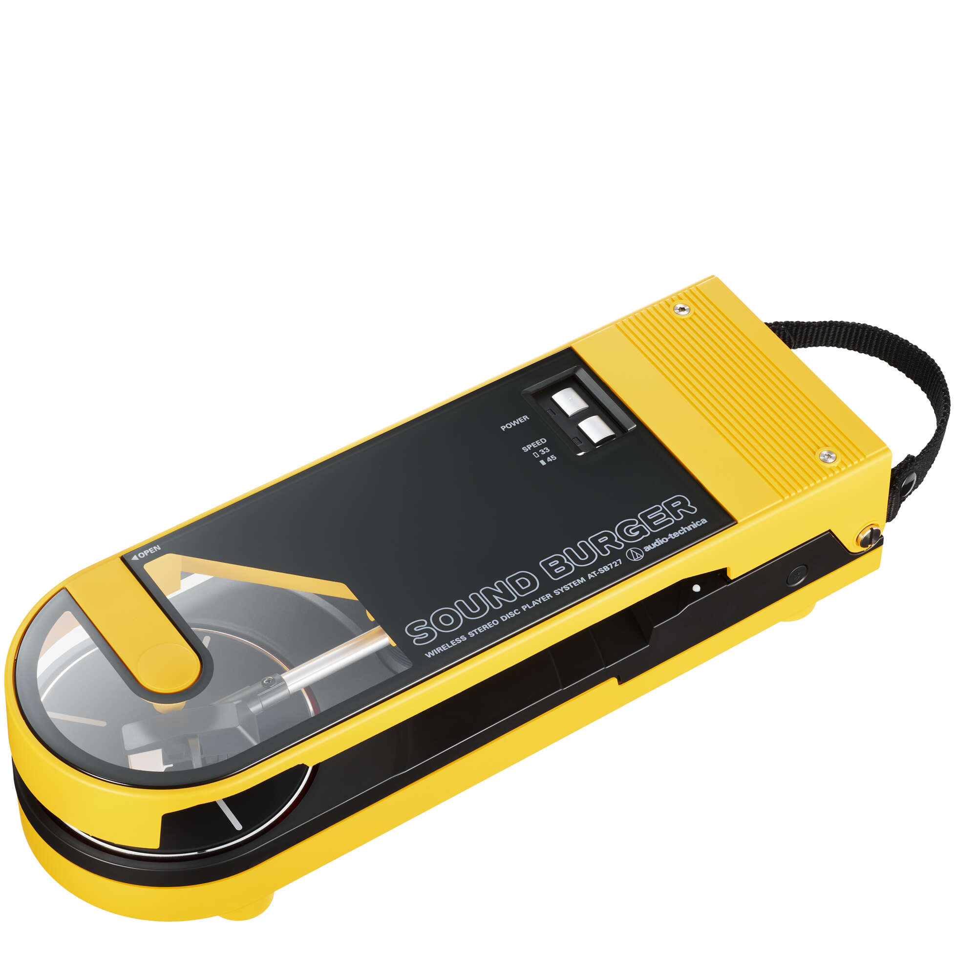 Ein gelb-schwarzer Sound Burger Wireless-Stereo-Disc-Player. Er hat einen Griff und Tasten für Strom und Geschwindigkeitsauswahl.