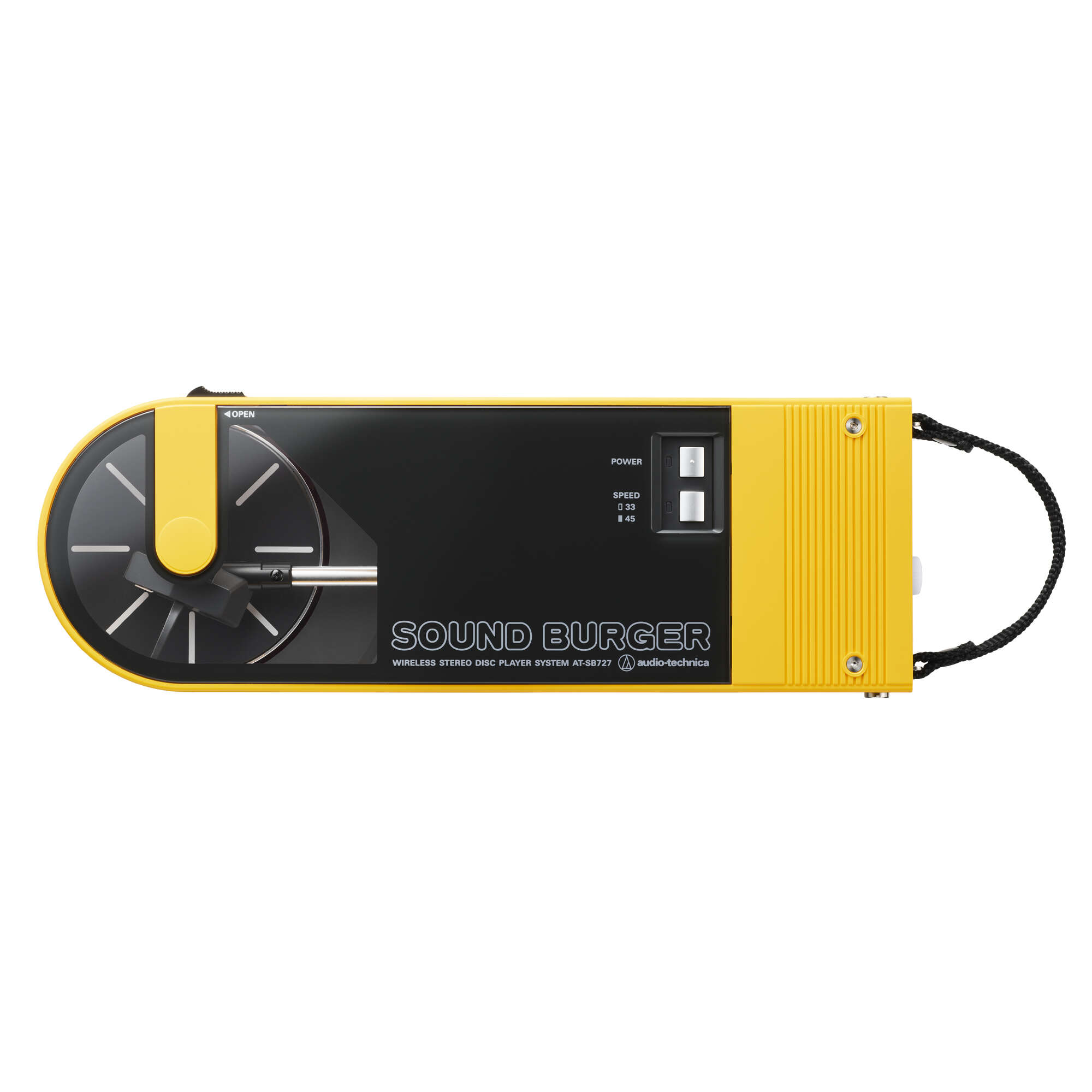 Ein gelb-schwarzer Sound Burger Wireless-Stereo-Plattenspieler. Merkmale sind Geschwindigkeitsoptionen und ein schwarzer Tonarm.