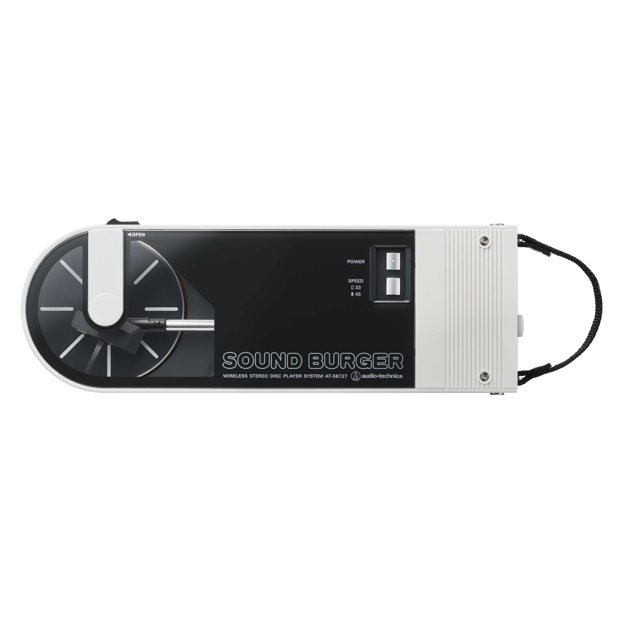 Ein weiß-schwarzer Sound Burger Wireless Stereo-Disc-Player. Zu den Merkmalen gehören Strom- und Geschwindigkeitsregler sowie das audio-technica-Logo.