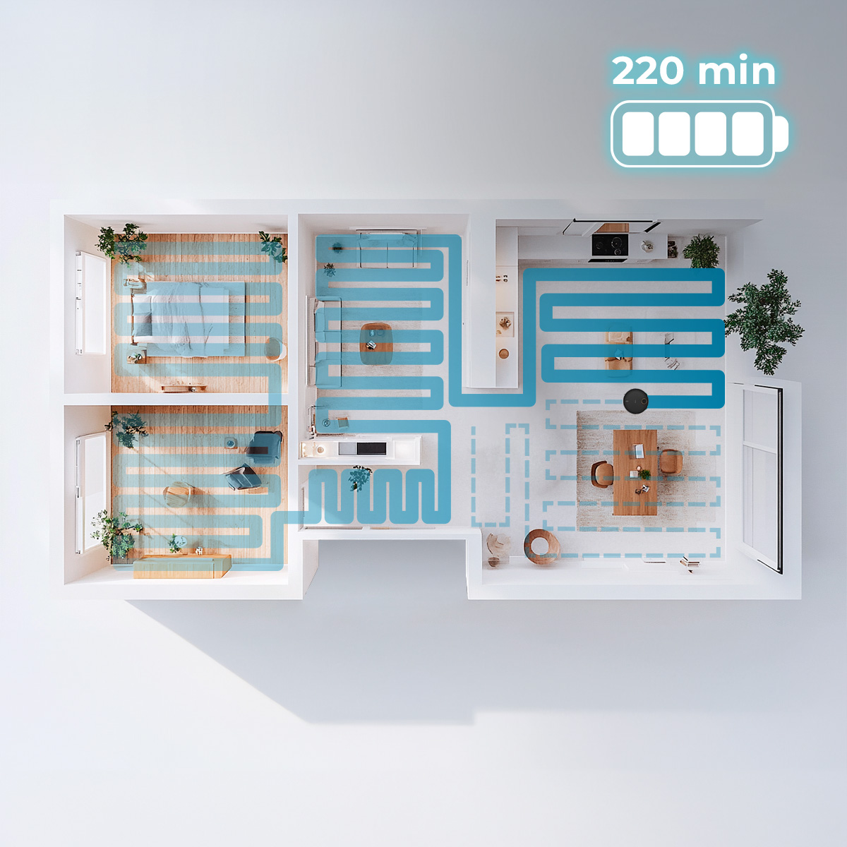 Vista superior de un plano de casa con ruta de limpieza. Una aspiradora robótica navega por las habitaciones. Icono de batería muestra 220 min restantes.
