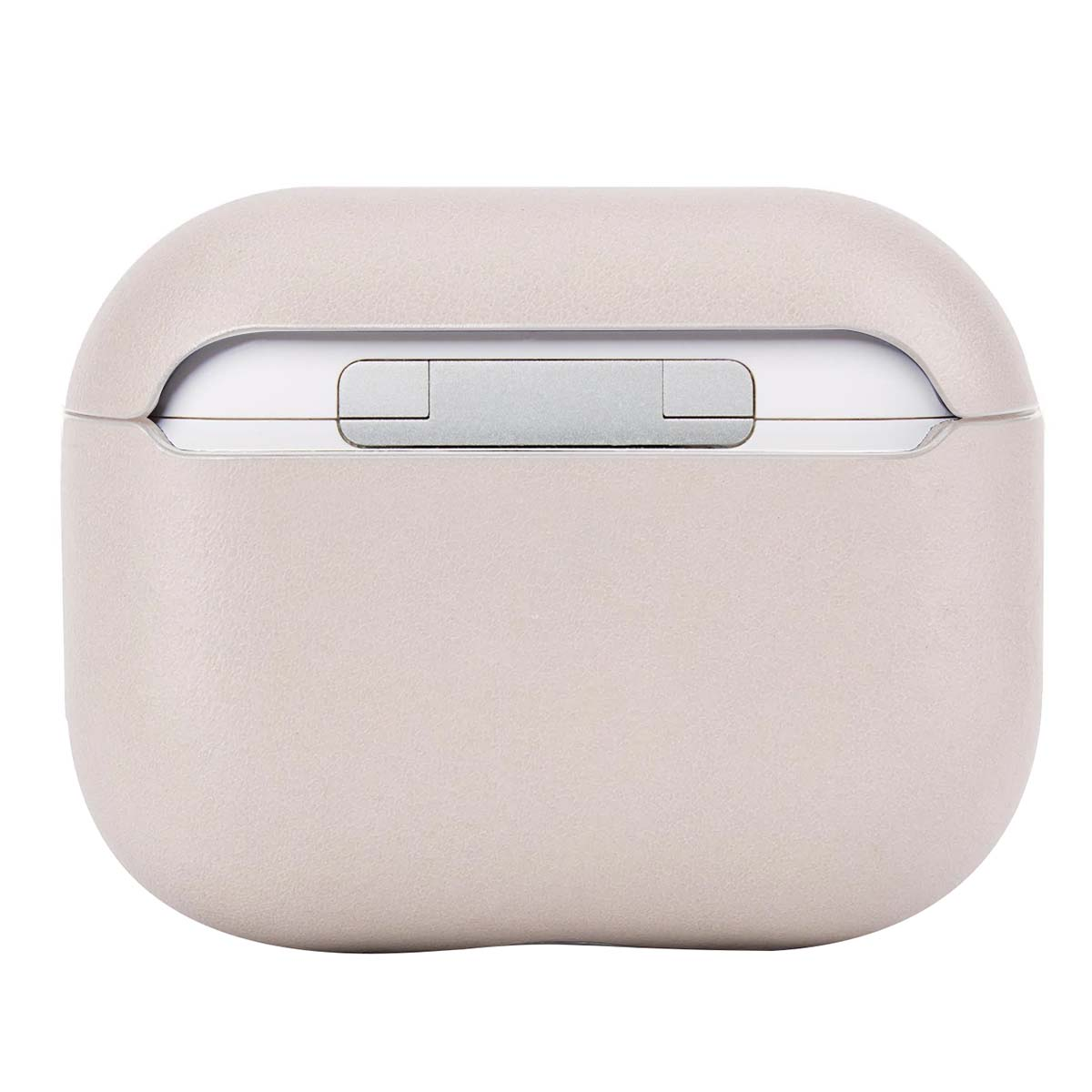 Primer plano de un estuche AirPods rosa claro. Tiene forma suave y redondeada con bisagra plateada e interior blanco.