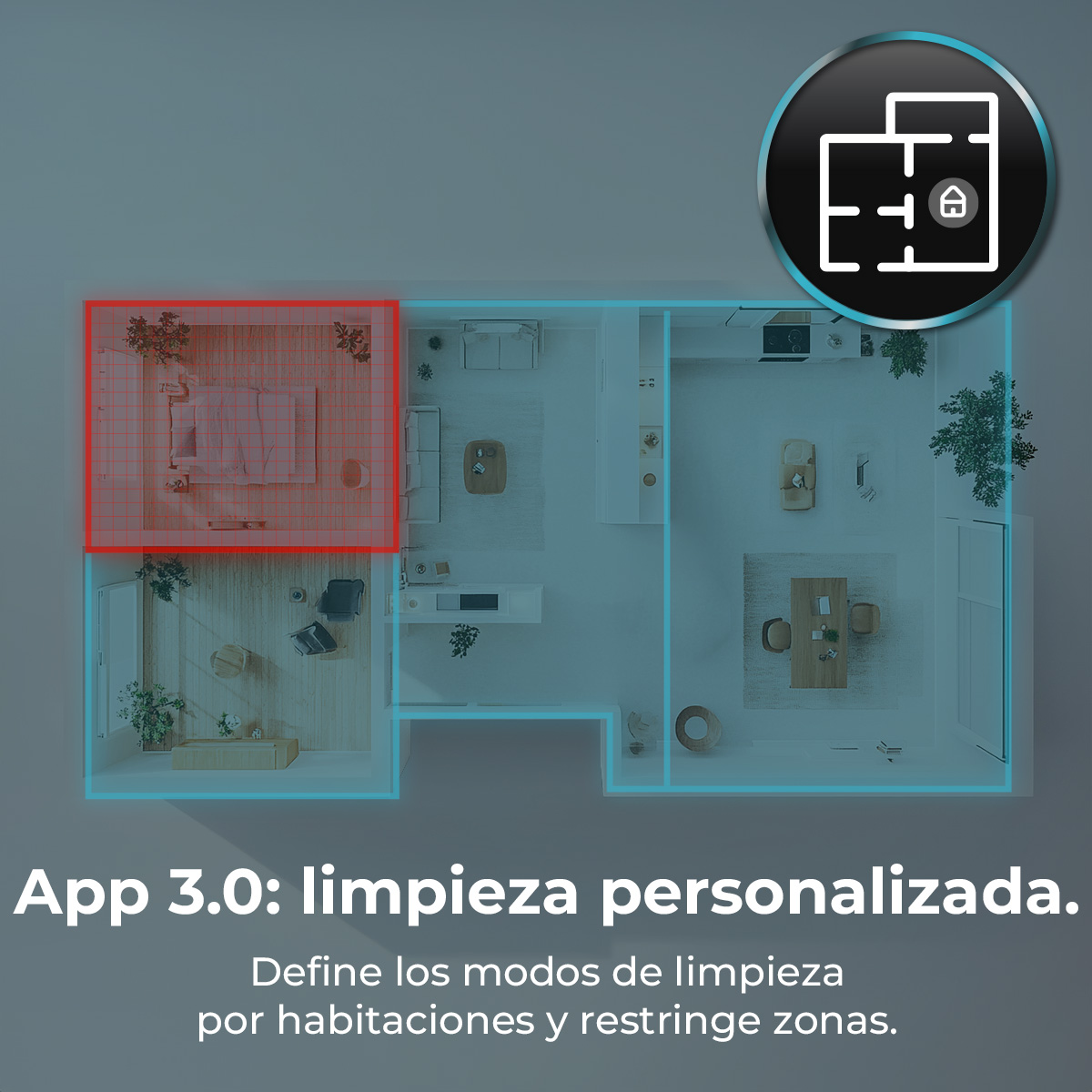 Draufsicht eines Grundrisses mit hervorgehobenem Schlafzimmer. Text: 'App 3.0: personalisierte Reinigung'.