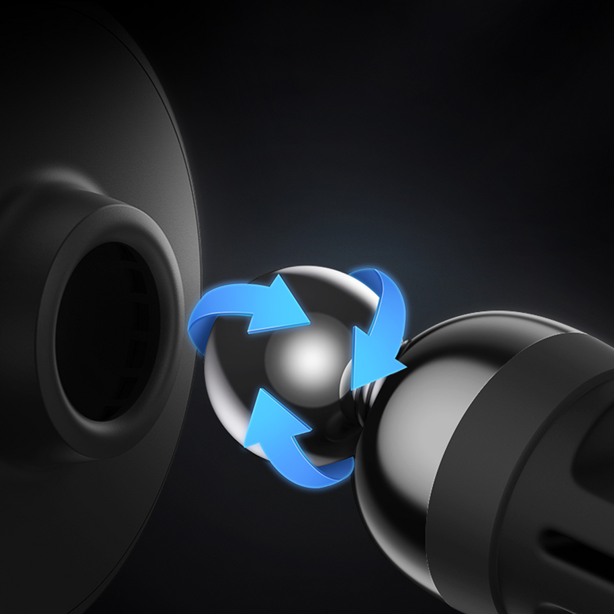 Zbliżenie czarnego uchwytu na telefon samochodowy z obrotowym przegubem kulowym. Niebieskie strzałki wskazują obrót. Ciemne tło.