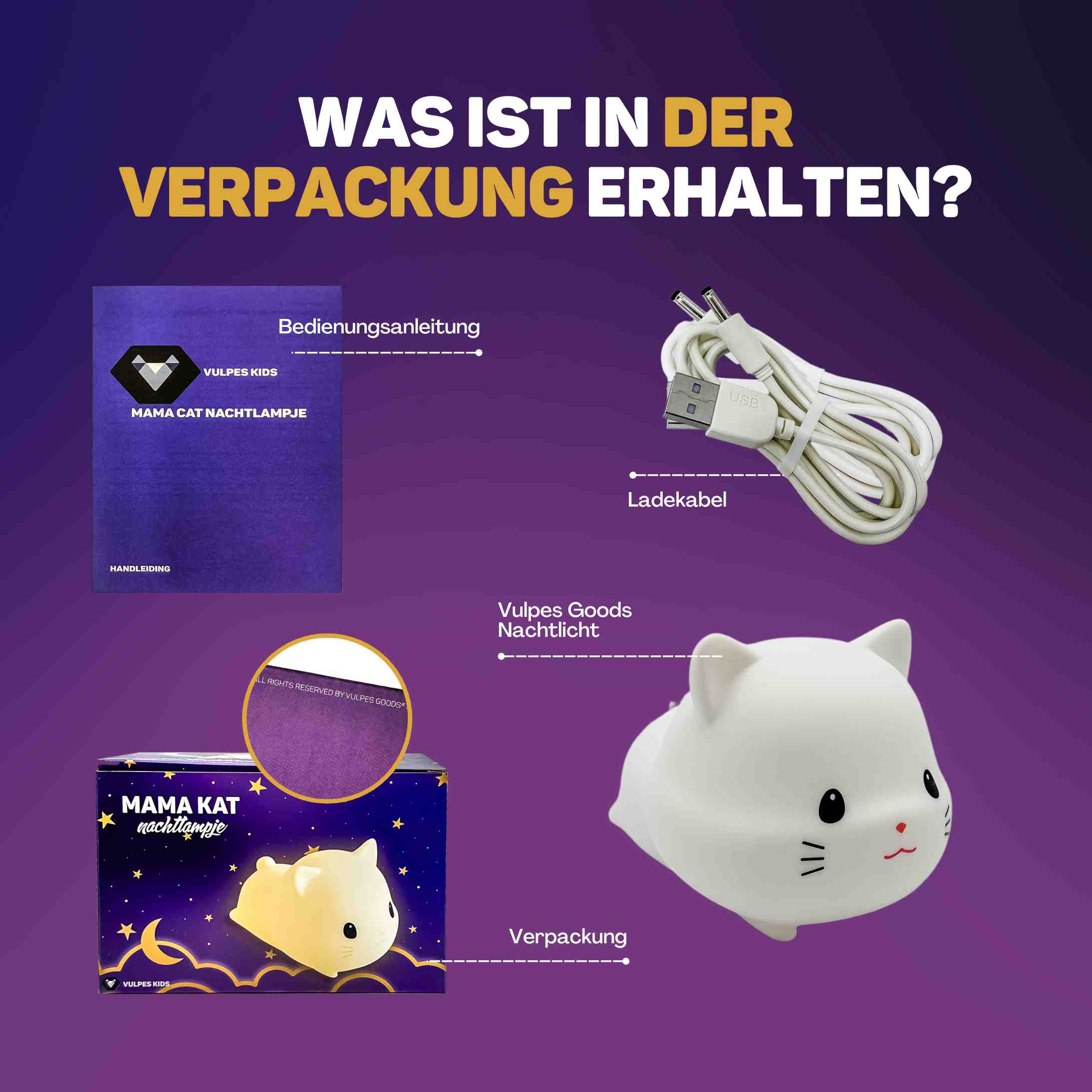 Das Bild zeigt ein katzenförmiges Nachtlicht, eine Box, eine Anleitung und ein Ladekabel, alles auf violettem Hintergrund.