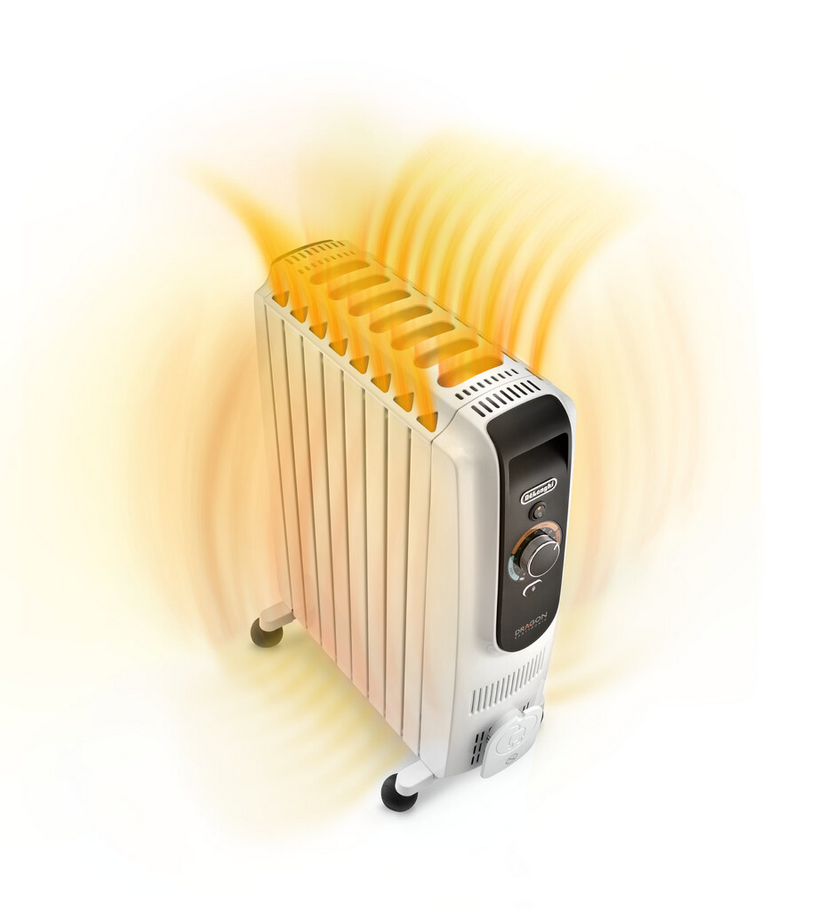 Ein weiß-schwarzer De'Longhi-Ölradiator mit orangefarbenen Hitzewellen, die von oben ausgehen. Er hat Räder für Mobilität.