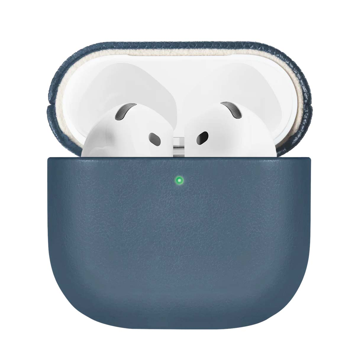 Estuche azul abierto con auriculares blancos dentro. El estuche está abierto, mostrando los auriculares y una luz verde.