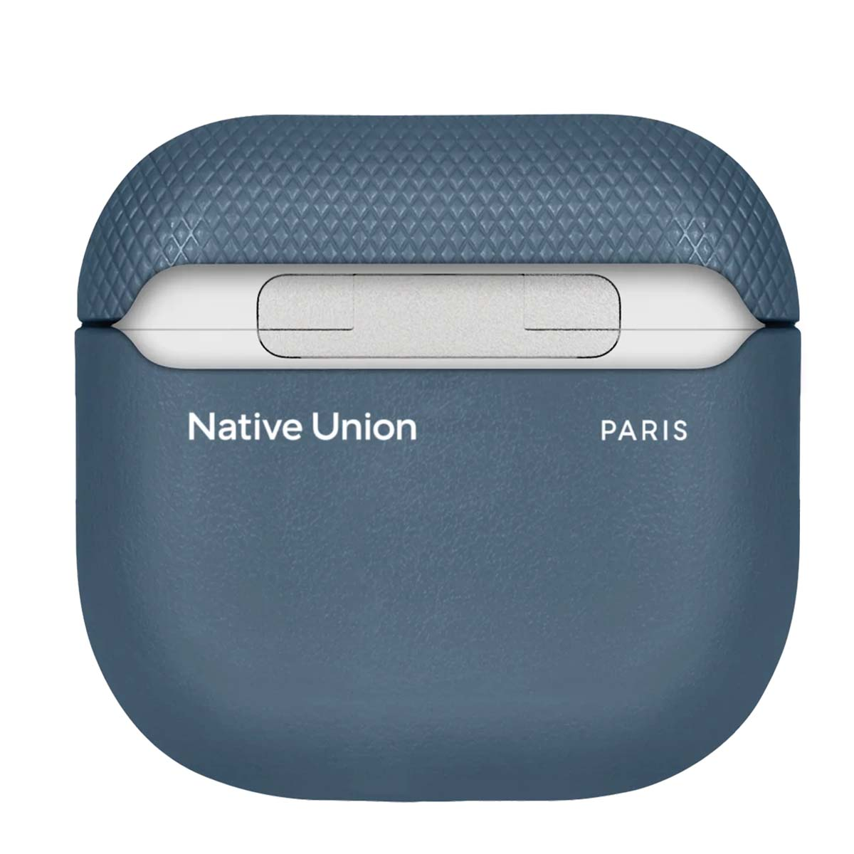 Una funda azul para AirPods de Native Union. La parte superior tiene un patrón texturizado. 'Native Union PARIS' está impreso en la parte delantera.