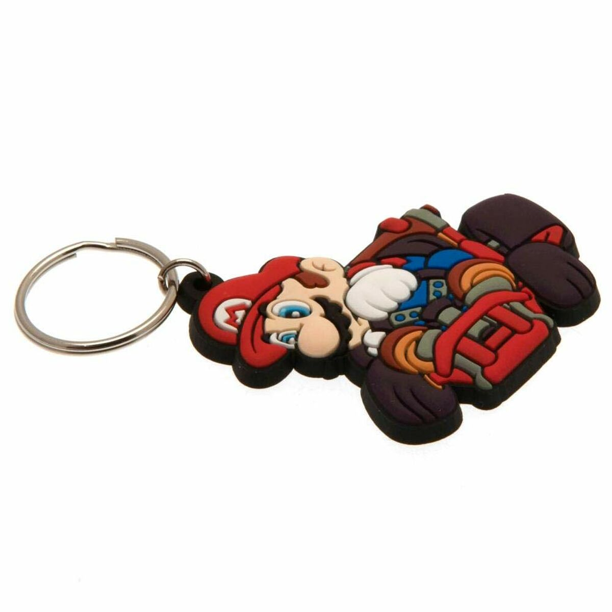 Ein Mario-Schlüsselanhänger. Mario trägt eine rote Latzhose, ein blaues Hemd und einen roten Hut. Der Schlüsselanhänger ist auf weißem Hintergrund.