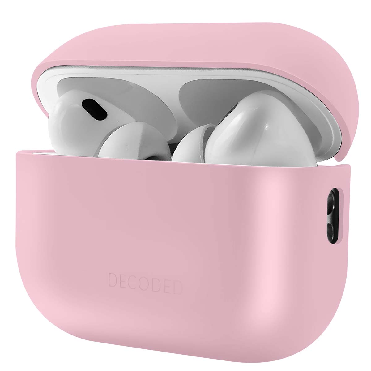 Pink AirPods case with white AirPods inside. The case is open. The brand 'DECODED' is visible on the case.