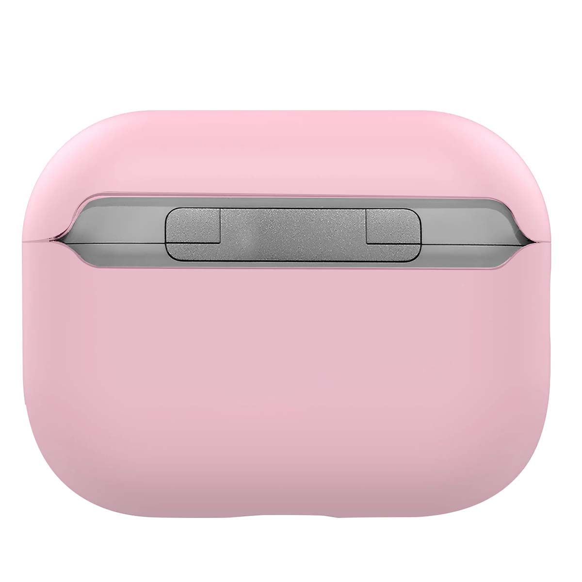 A pink earbud case. The case is oval-shaped with a grey section at the top. The case is closed. 