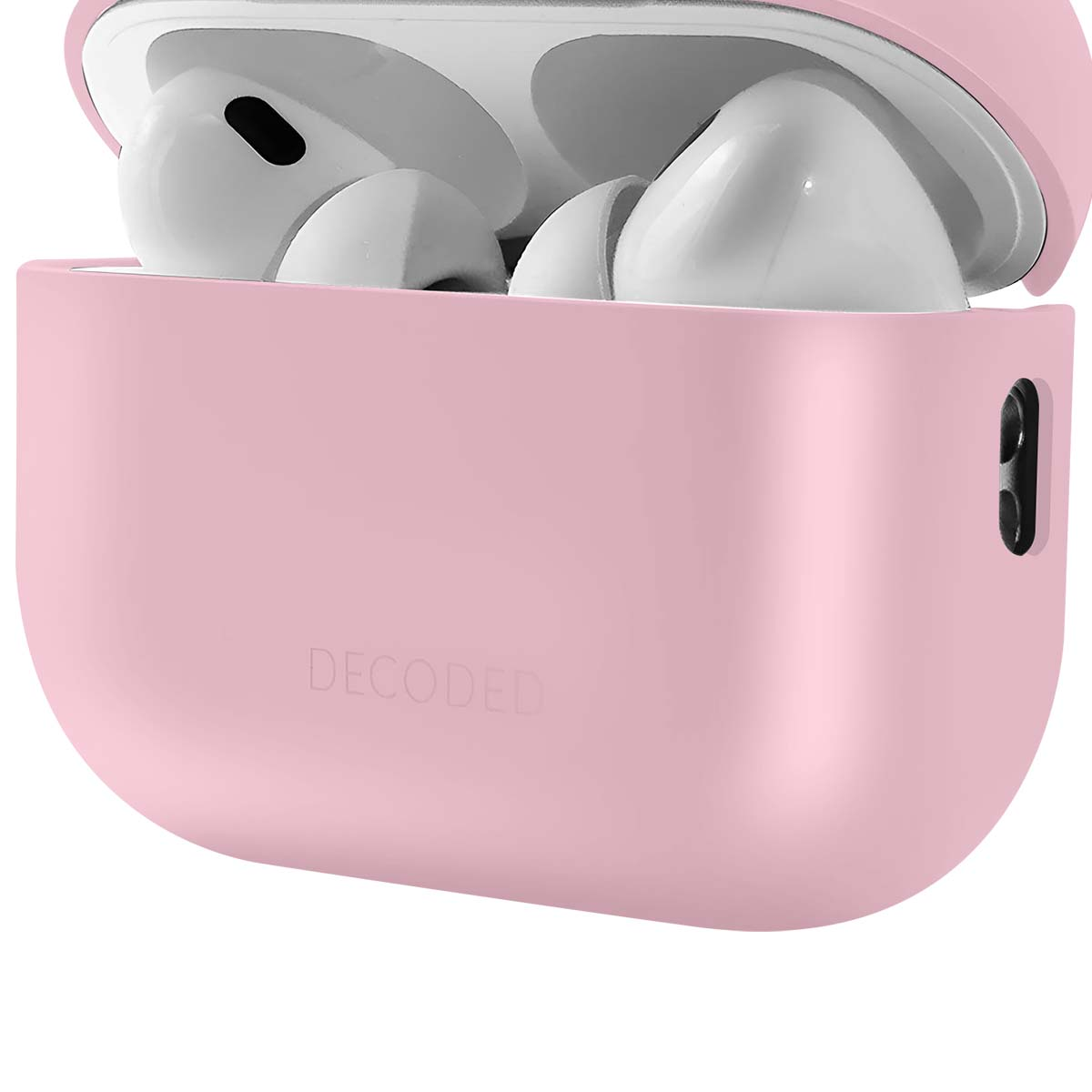 A pink case with white earbuds inside. The case is open, showing the earbuds. The word 'DECODED' is on the case.