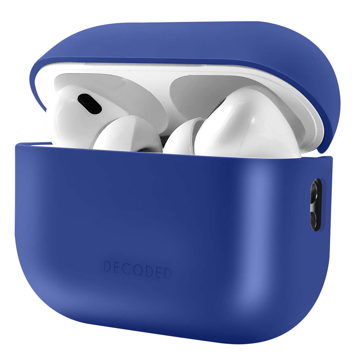 A blue case with white earbuds inside. The case is open, showing two earbuds. The brand 'DECODED' is on the case.