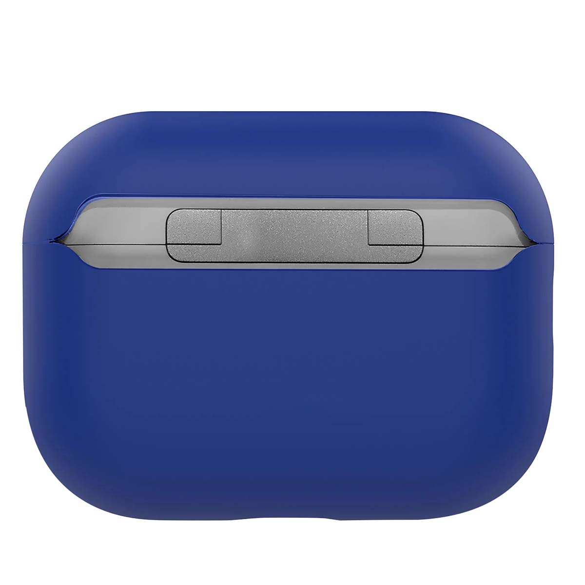 A blue case for earphones with a silver top section. The case is oval-shaped and closed. The top has a metallic button.