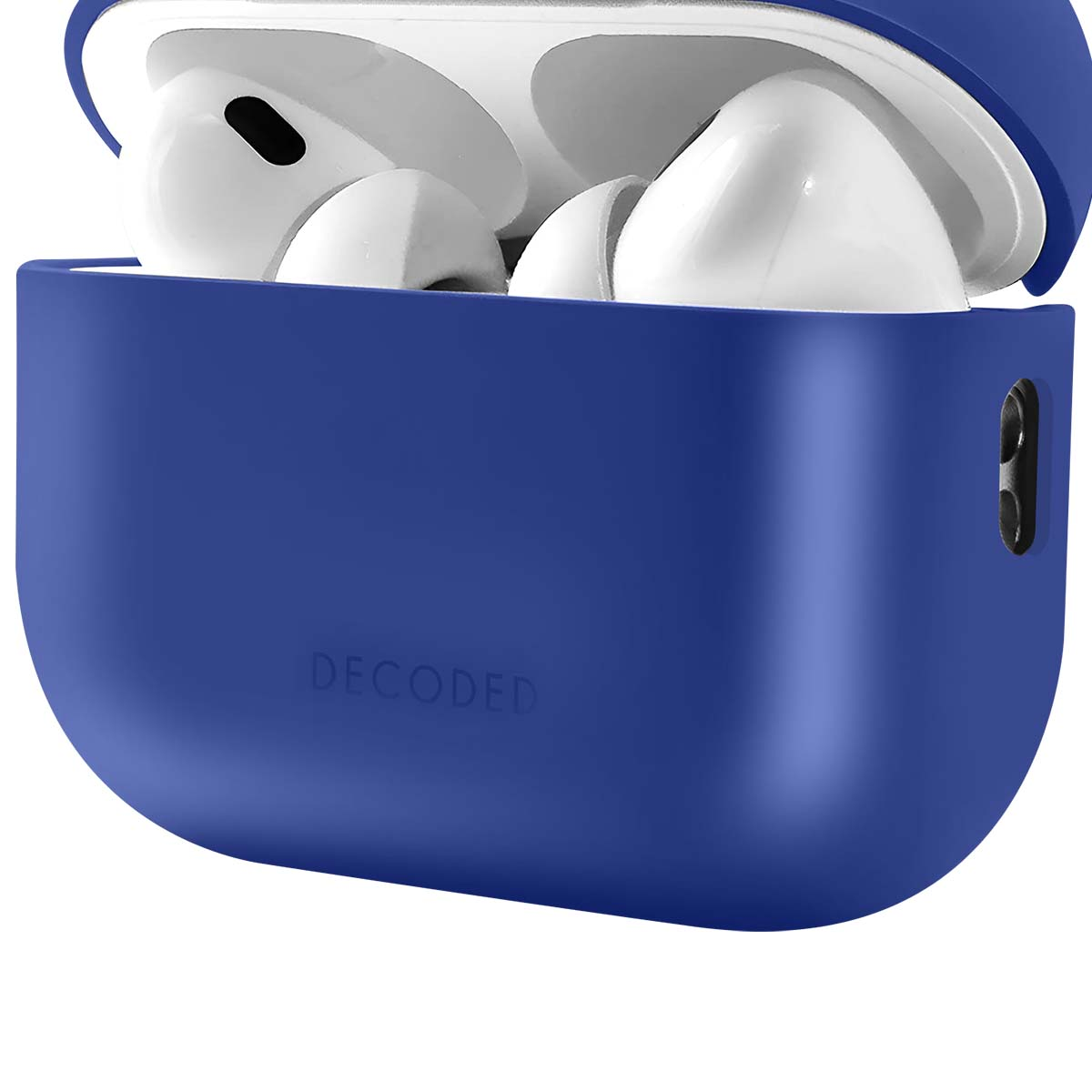 Close-up of a blue case with white earbuds inside. The case is open, and the word "DECODED" is visible.