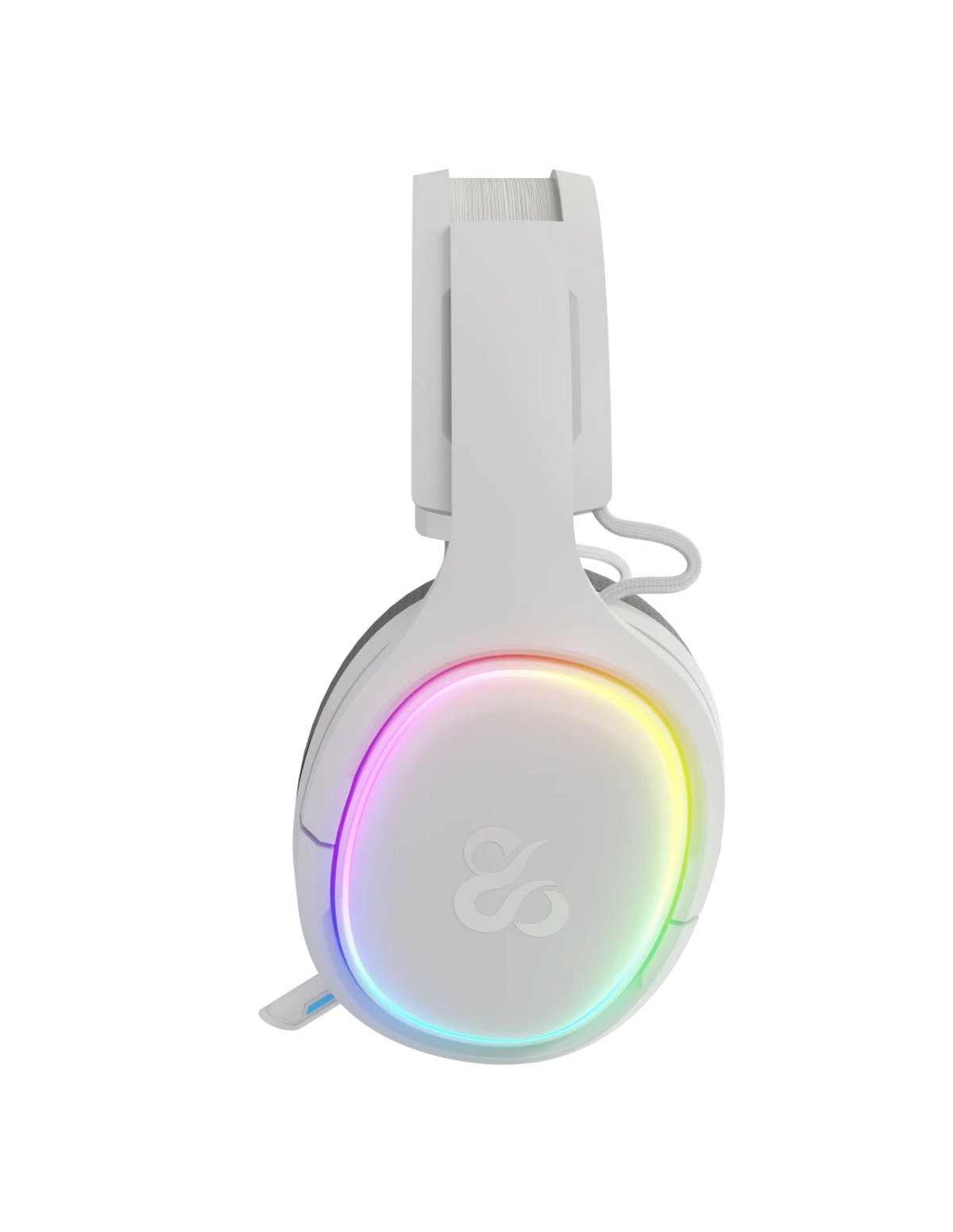 Biały zestaw słuchawkowy do gier z podświetlaną na tęczowo słuchawką. Zestaw słuchawkowy ma logo i kabel. Tło jest czarne.