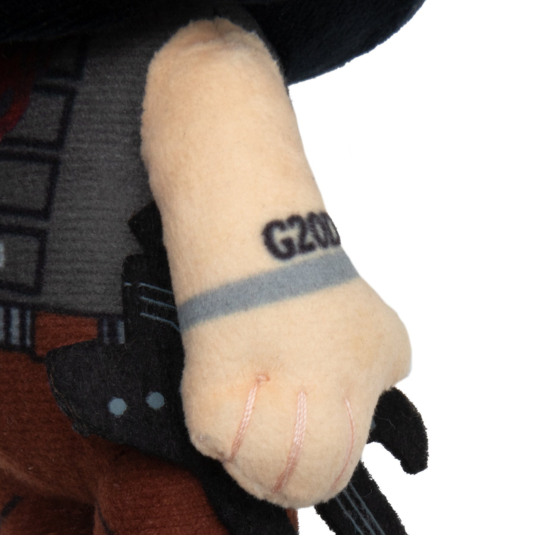 Primo piano del braccio di un giocattolo di peluche. Il braccio è color crema, con una fascia grigia e le lettere G200. Abiti neri e marroni.