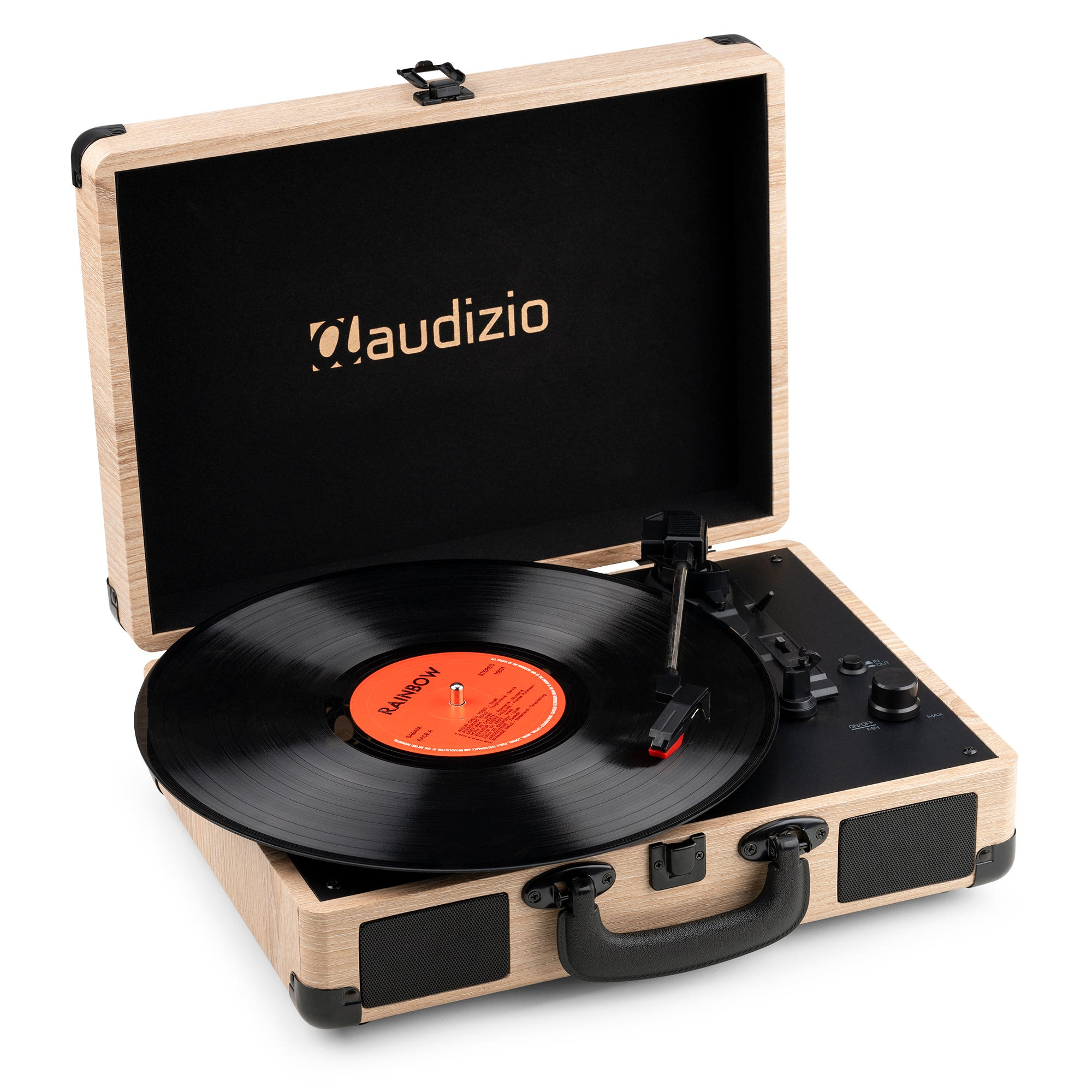 Un tocadiscos de madera con un disco de vinilo negro reproduciéndose. La marca 'Daudizio' es visible en la tapa interior.