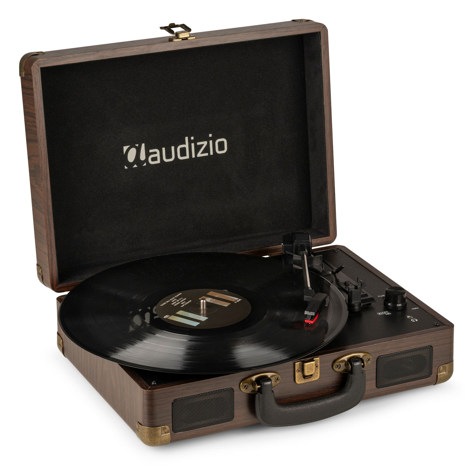 Un tocadiscos vintage abierto muestra un disco de vinilo negro. El reproductor es marrón, con altavoces y tapa con el logo audizio.