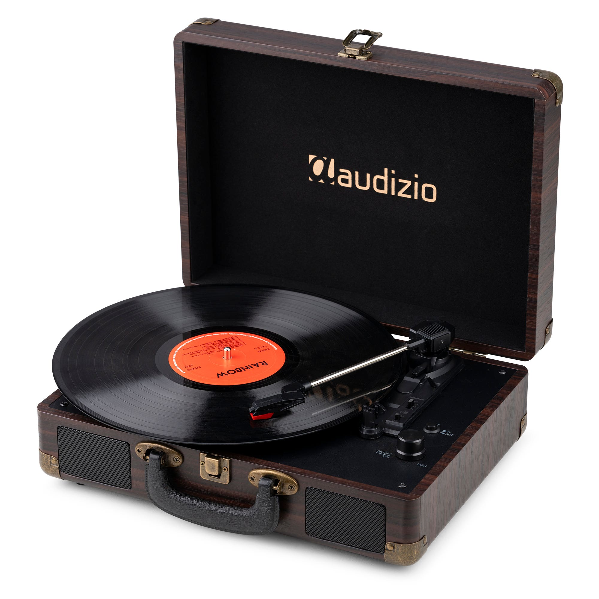 Un tocadiscos de estilo vintage, acabado en madera marrón, con un disco de vinilo reproduciéndose. La tapa está abierta. La marca es 'claudizio'.