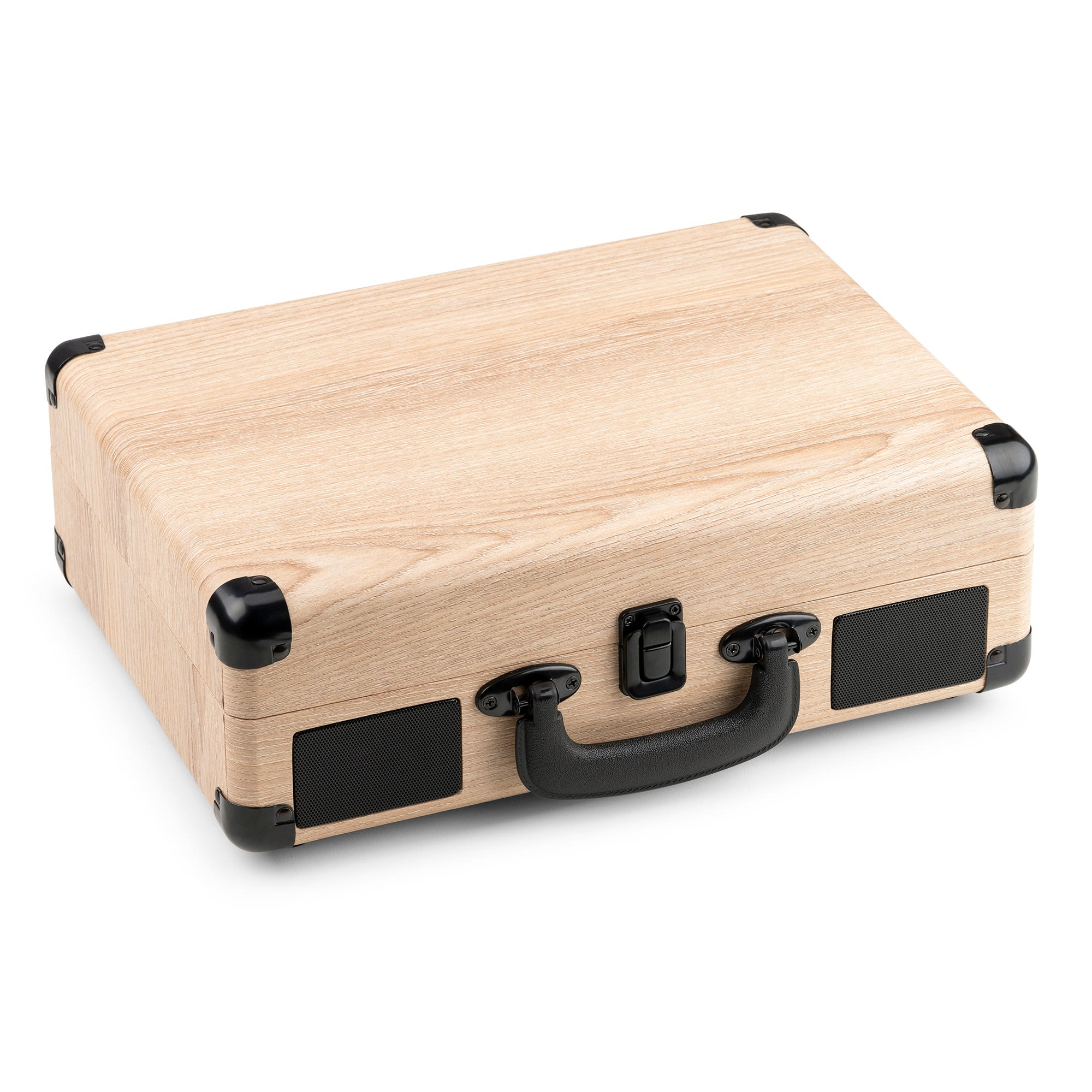 Una maleta clara con vetas de madera, detalles negros y un asa. Tiene protectores de esquina y un cierre.
