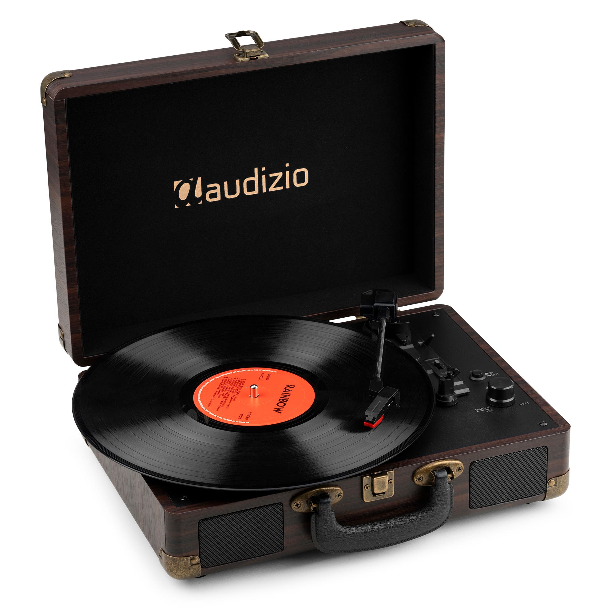 Un tocadiscos vintage con un disco de vinilo negro. El reproductor es marrón con detalles dorados. La marca es 'Daudizio'.