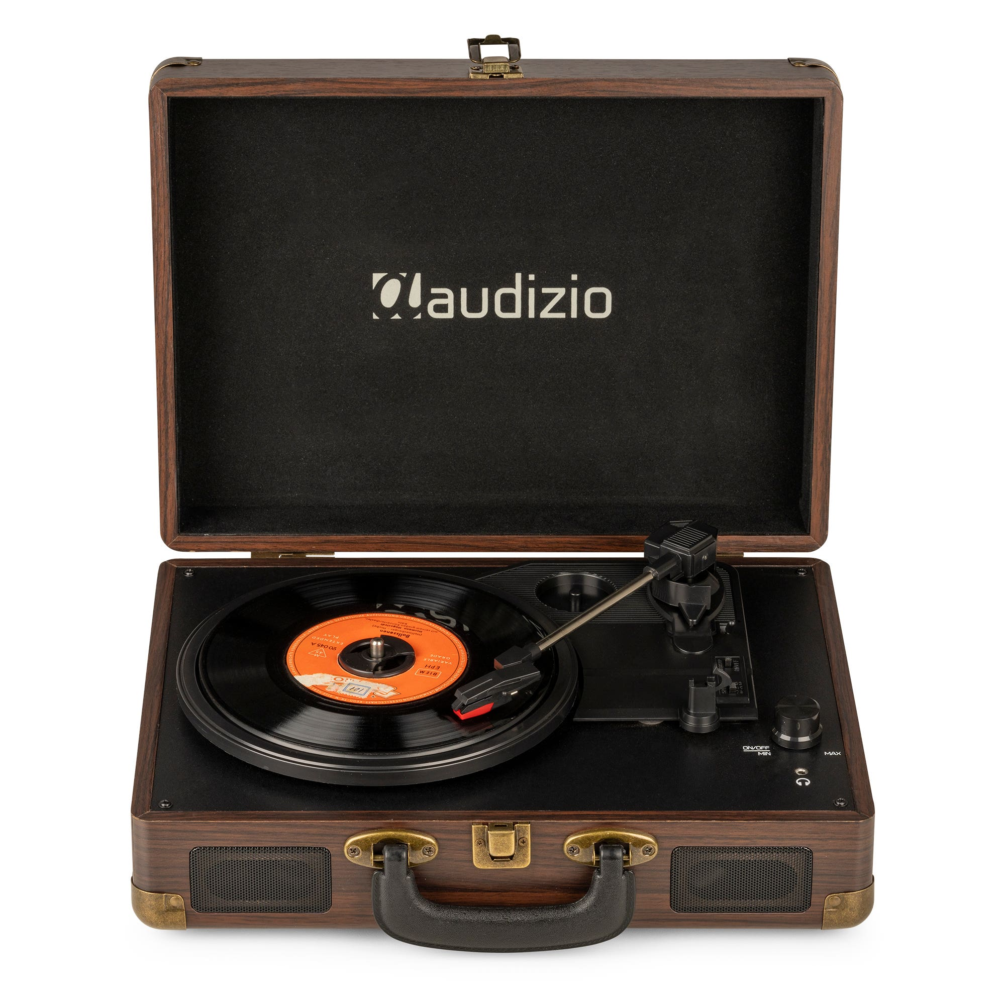 Un tocadiscos de estilo vintage en una caja de madera. La tapa está abierta. Un disco de vinilo está en el tocadiscos.