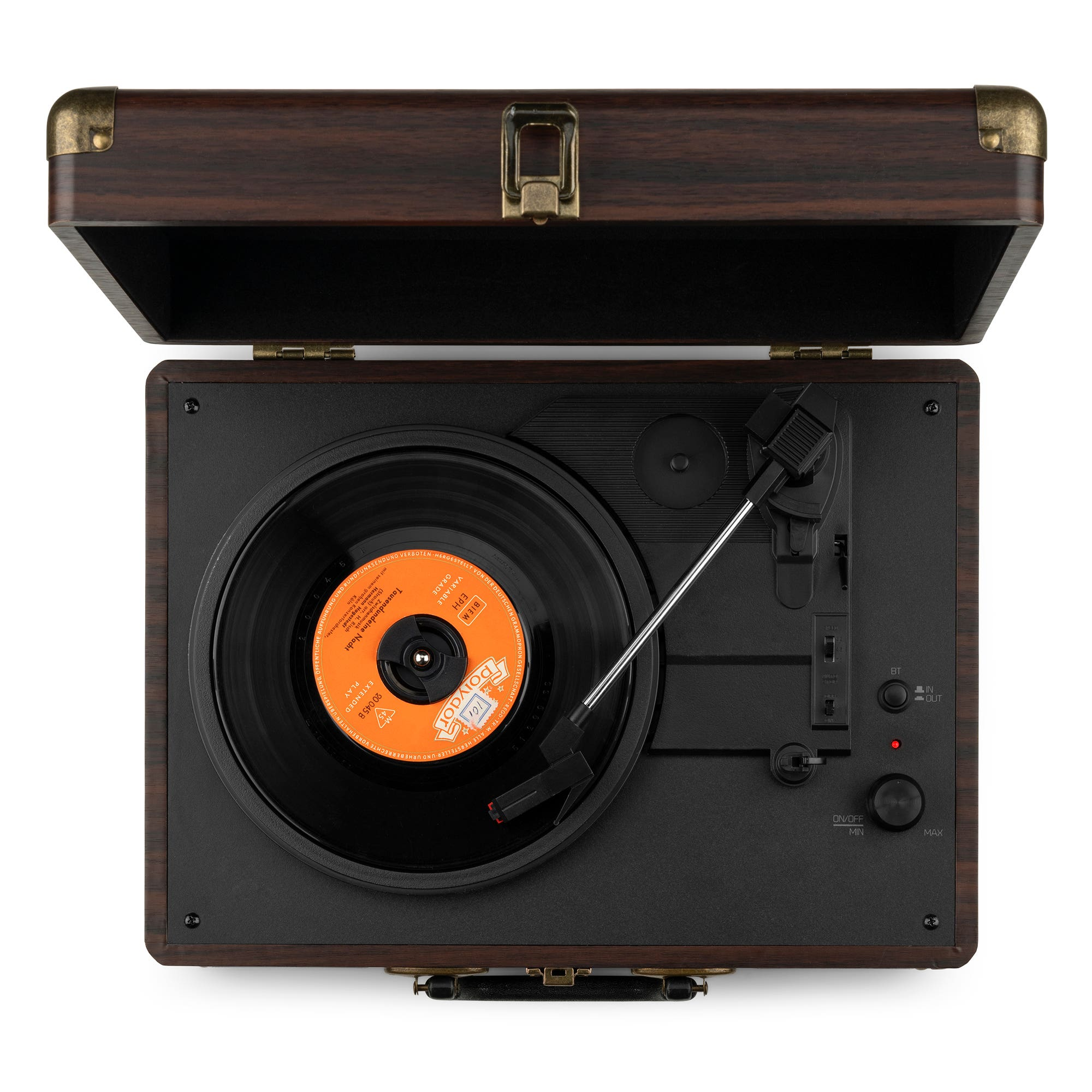 Un tocadiscos con tapa de madera abierta. Un disco de vinilo está en el reproductor. Controles a la derecha.