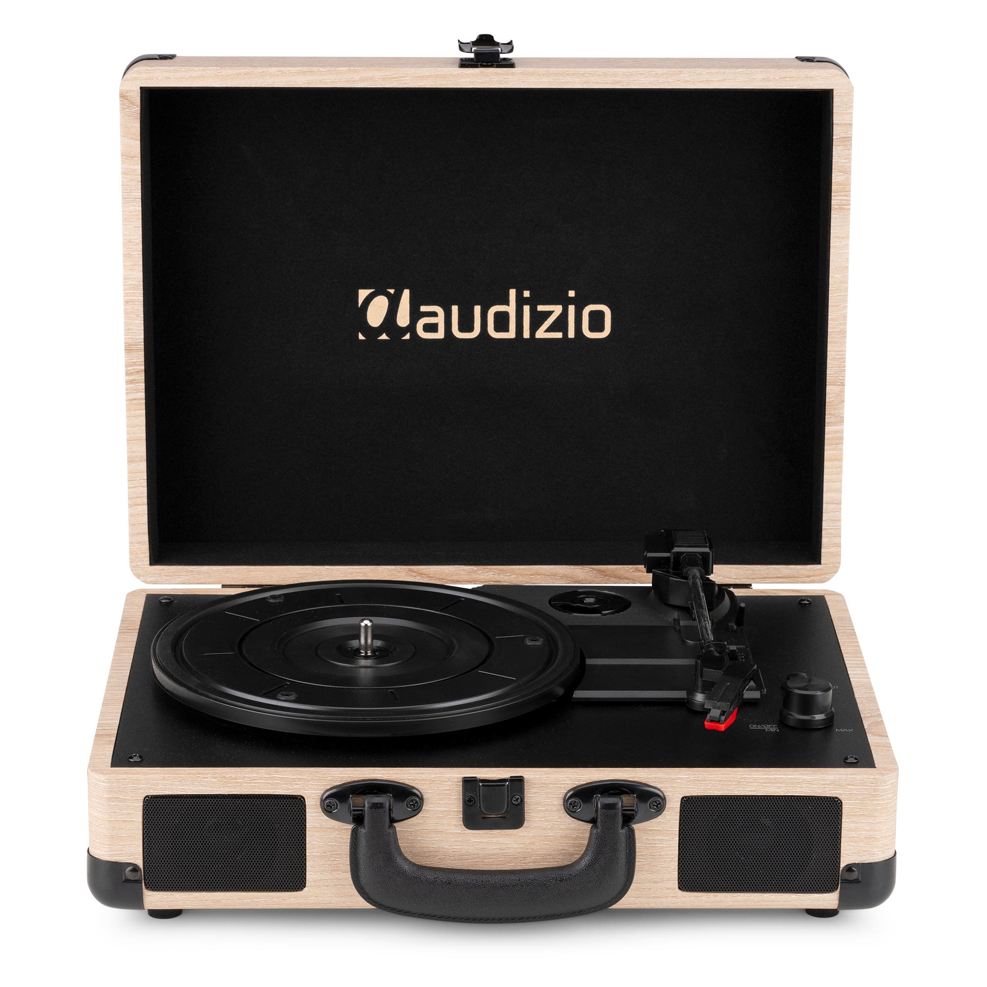 Un tocadiscos Audizio de madera con detalles negros. La tapa está abierta. El plato giratorio es negro. El fondo es blanco.