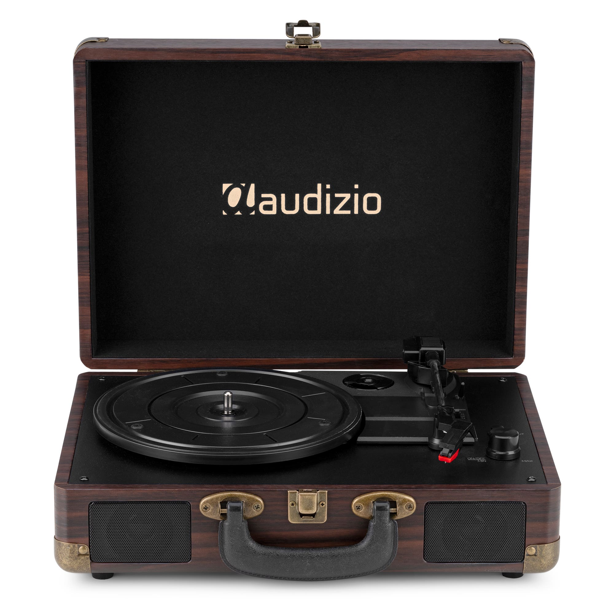 Tocadiscos de estilo vintage, caja de madera marrón, tapa abierta con logo, plato negro y altavoces.