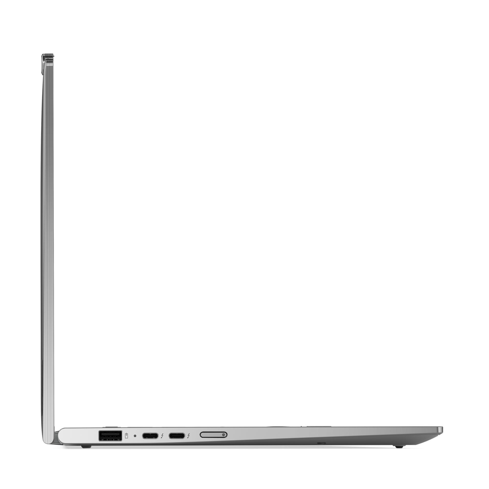 Vista laterale di un laptop argentato. Le porte visibili includono USB, ricarica e Thunderbolt. Lo sfondo è bianco.