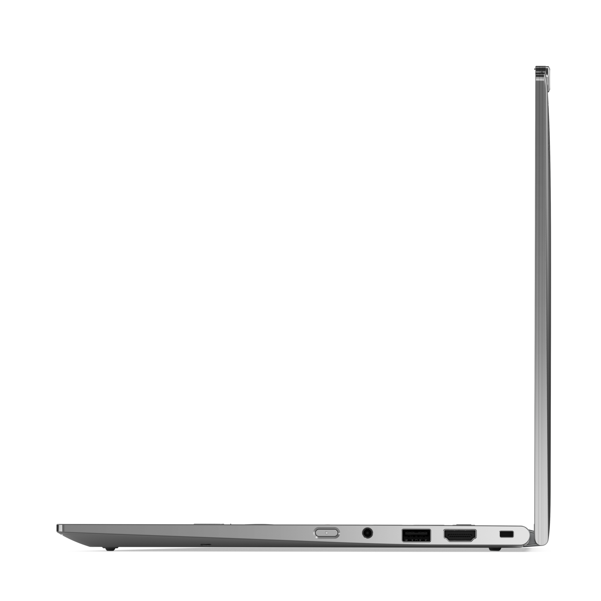 Vista laterale di un laptop grigio, con porte e schermo parzialmente aperto.