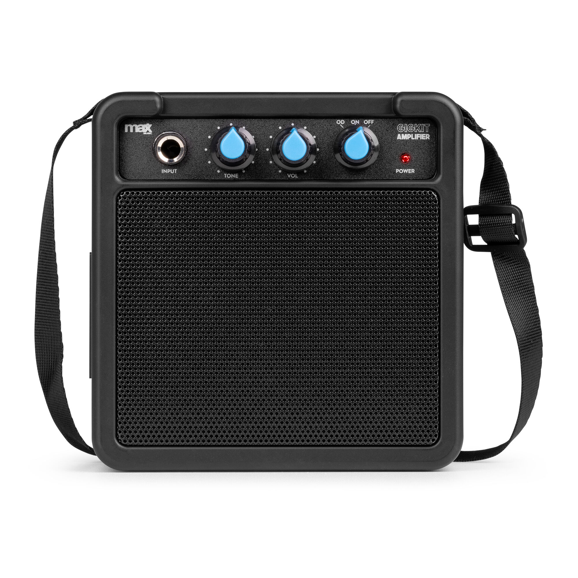 Amplificador Gigkit negro con correa. Tiene perillas de entrada, tono y volumen. El botón de encendido es rojo.