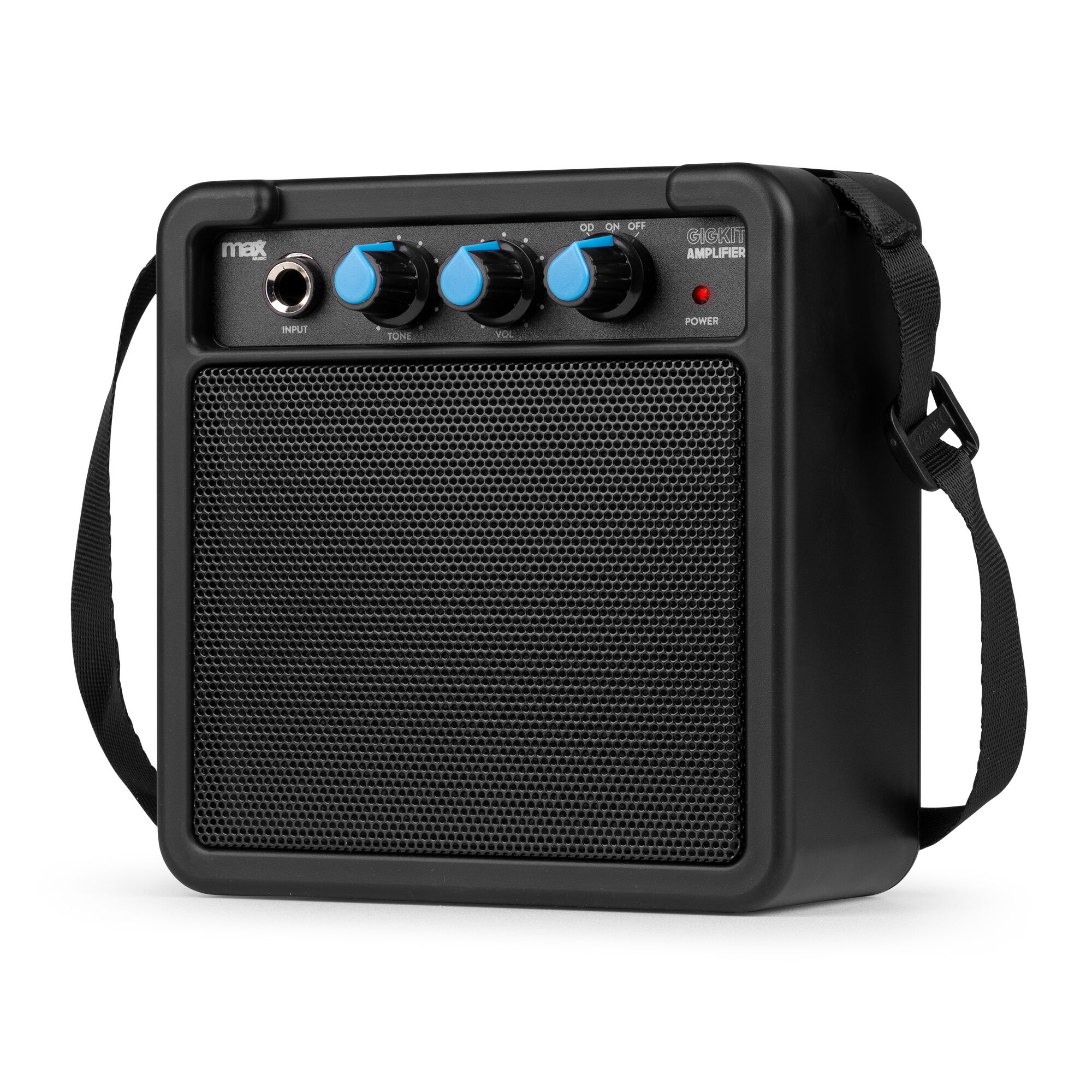 Amplificador Gigkit negro con altavoz, perillas y correa de transporte. El indicador de encendido es rojo.
