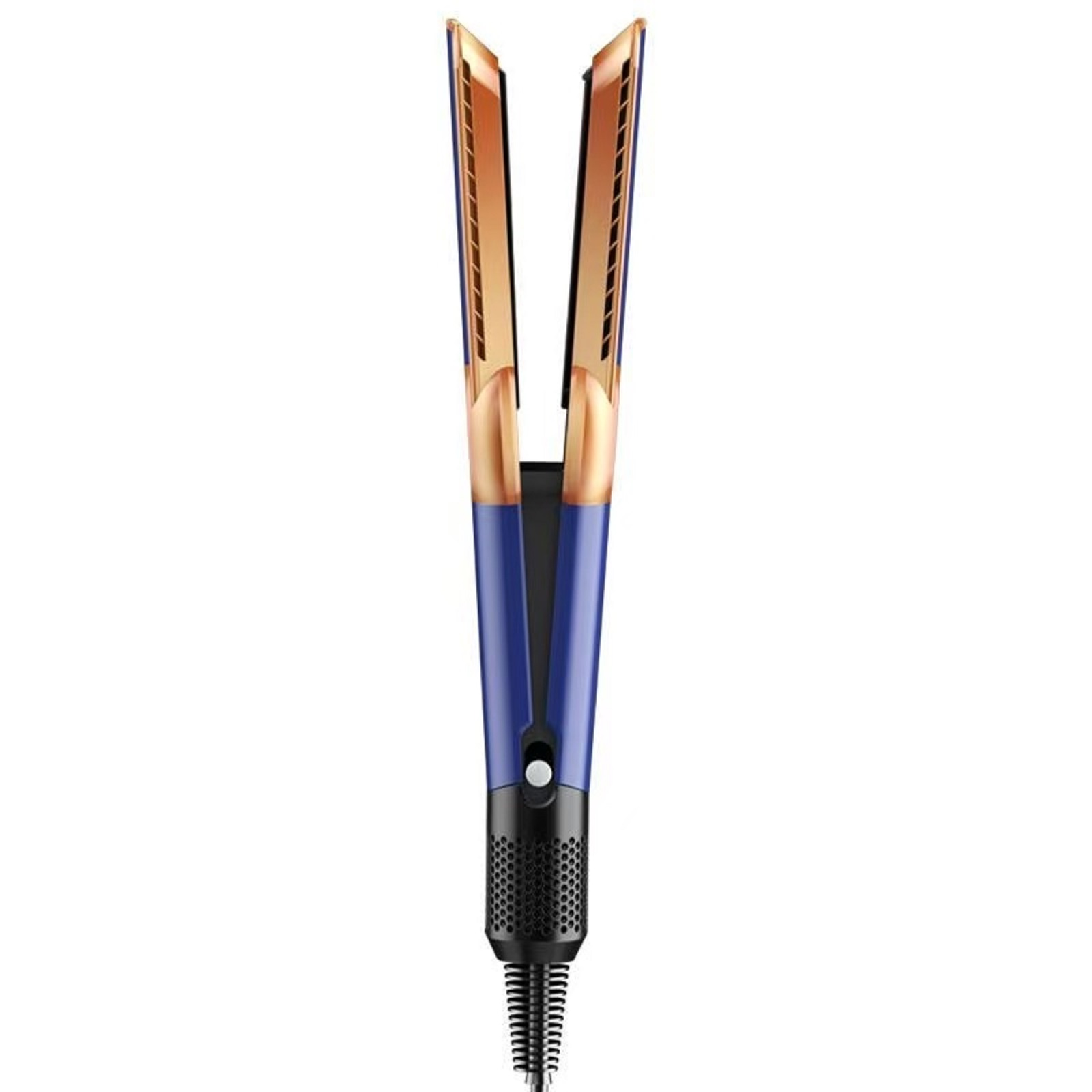 Viene mostrata una piastra per capelli blu e oro. Ha una base arrotondata e un manico nero testurizzato.